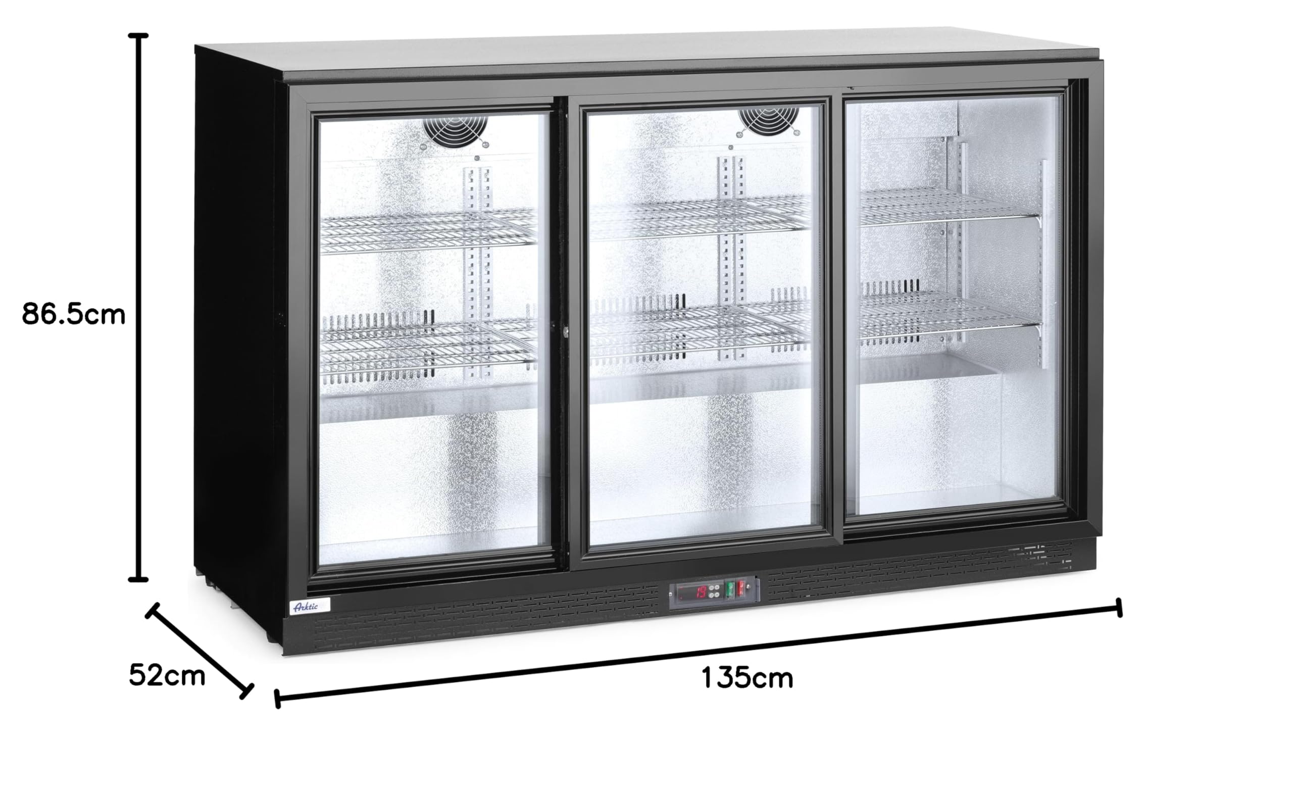 HENDI Refrigerador bajo mostrador para bebidas Arktic, puertas correderas triples, 254L, 0–10°C, 220V, 160W, 1350x520x(H) 865mm, acero con recubrimiento en polvo negro