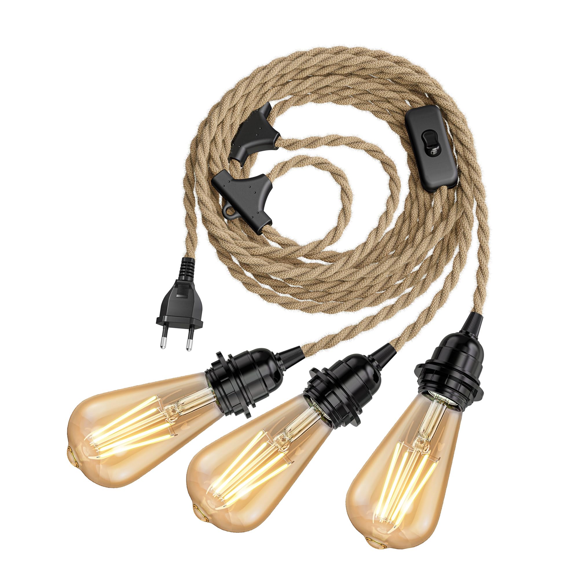 ledscom.de Kabel konopny LEKA, wtyczka, przełącznik, 8 m, gniazdo lampy, w tym 3x żarówki LED E27, ST64 (4 W, 489 lm, bardzo ciepła biel)