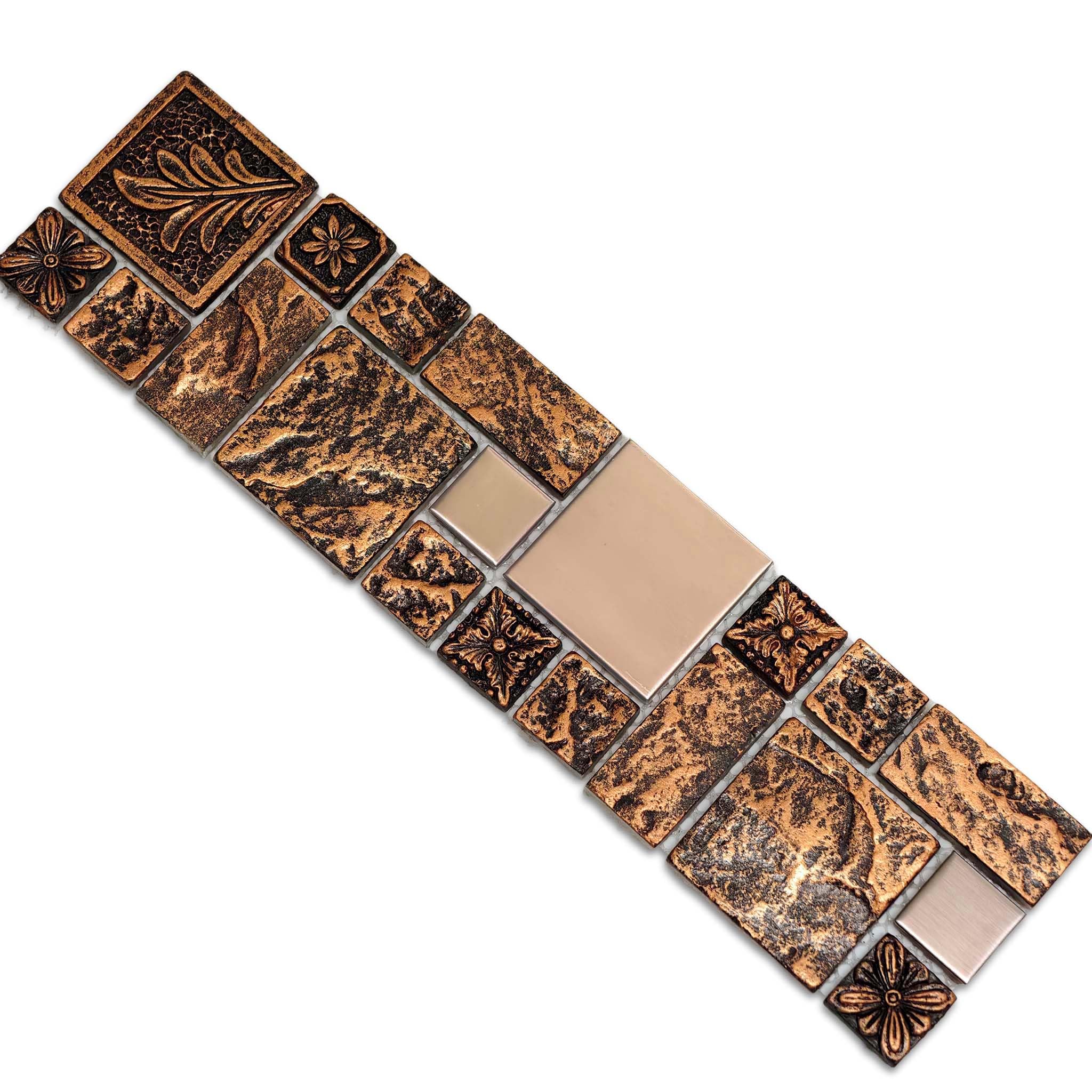 Antique Copper & Rose Gold Mosaic Tile - Metal and Ceramic Versailles Pattern for Kitchen Backsplash, Bathroom Wall, Fireplace Surrounds (3x12 Sample)