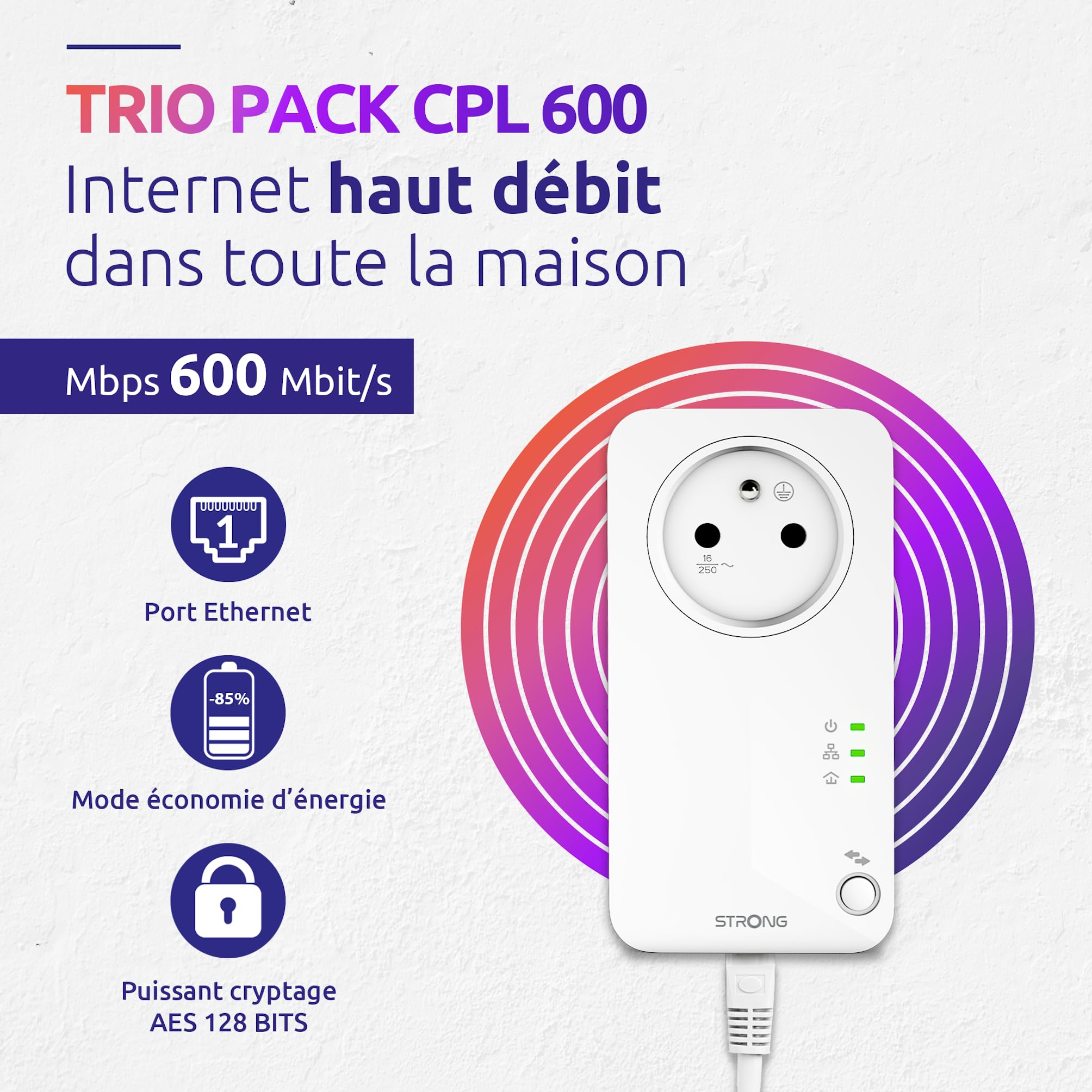 STRONG - Powerline 600 Kit - Trio Prises CPL - Kit CPL - 600 Mbps - Compatible Toute Box/Routeur - 1 Port Ethernet + Prise Filtrée - Installation Rapide - Accès Internet Haut Débit Partout - Blanc