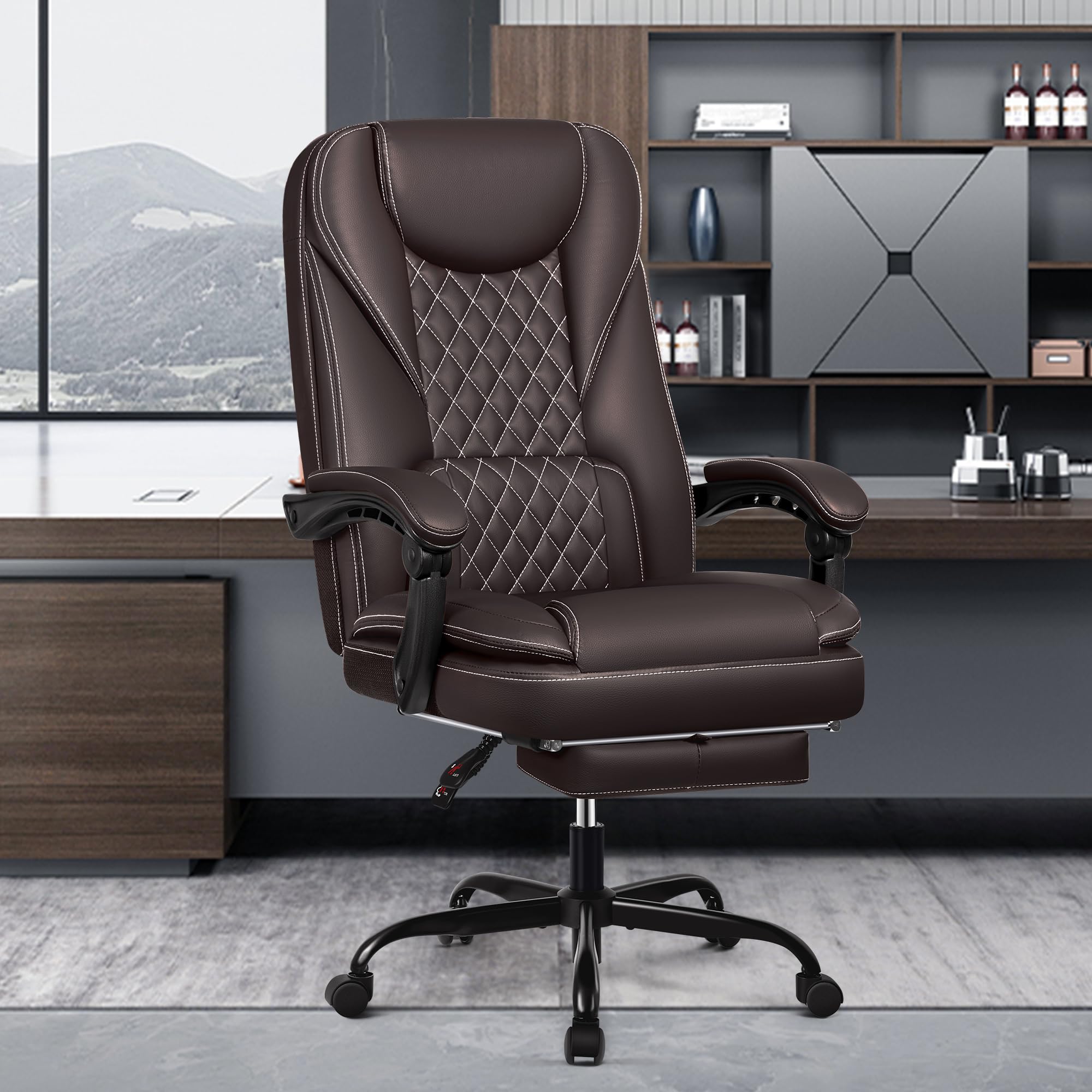 Bürostuhl ergonomischer Schreibtischstuhl bis 140°mit Fußstütze Kopfstütze Wippfunktion Drehstuhl Chefsessel Kunstleder, Grau