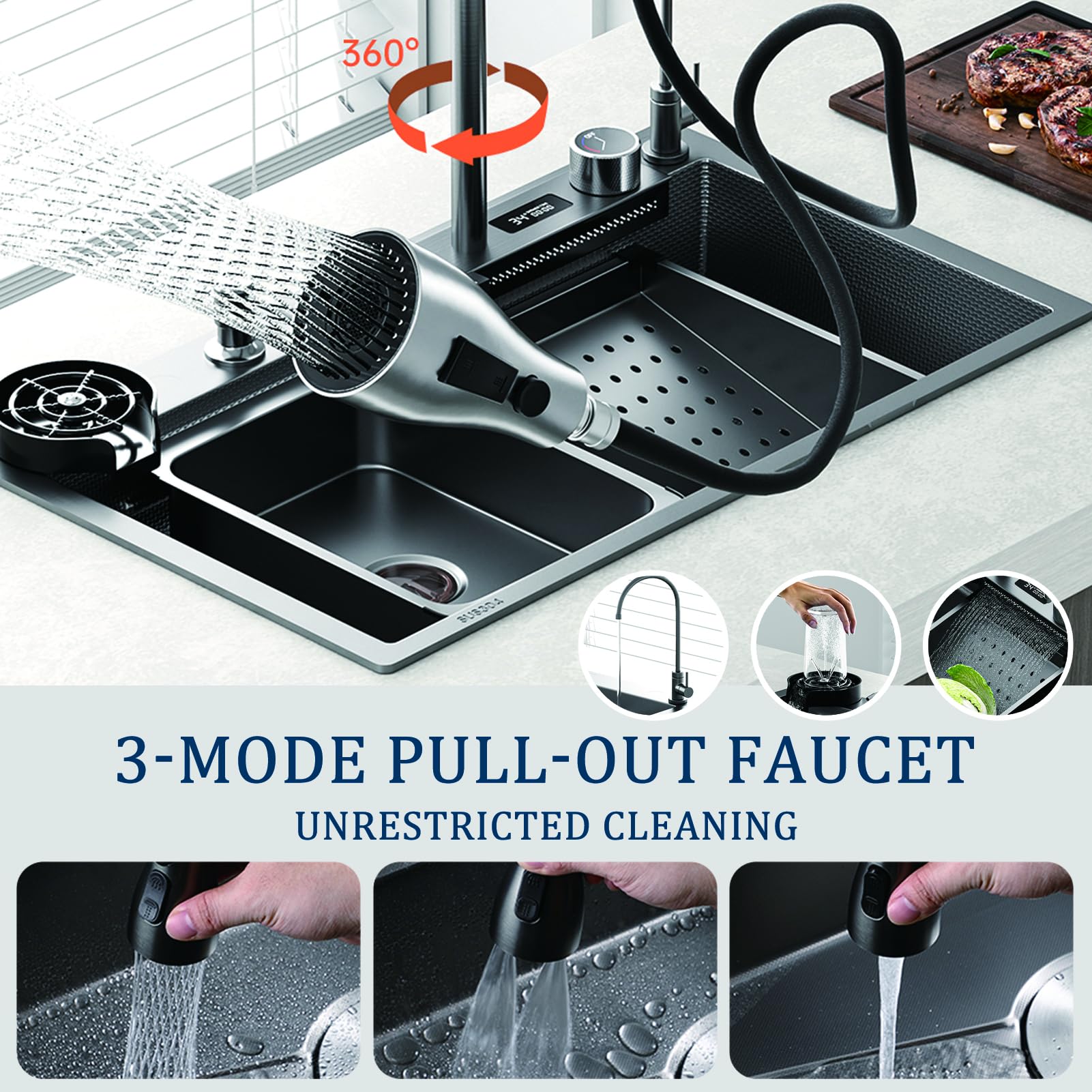Fregadero de Cocina de 75x45cm, Moderno fregadero en cascada 1 seno, lavadero cocina en acero inoxidable, Fregadero Multifuncional con Grifo, Escurridor, Sifón y Kit de Rebosadero