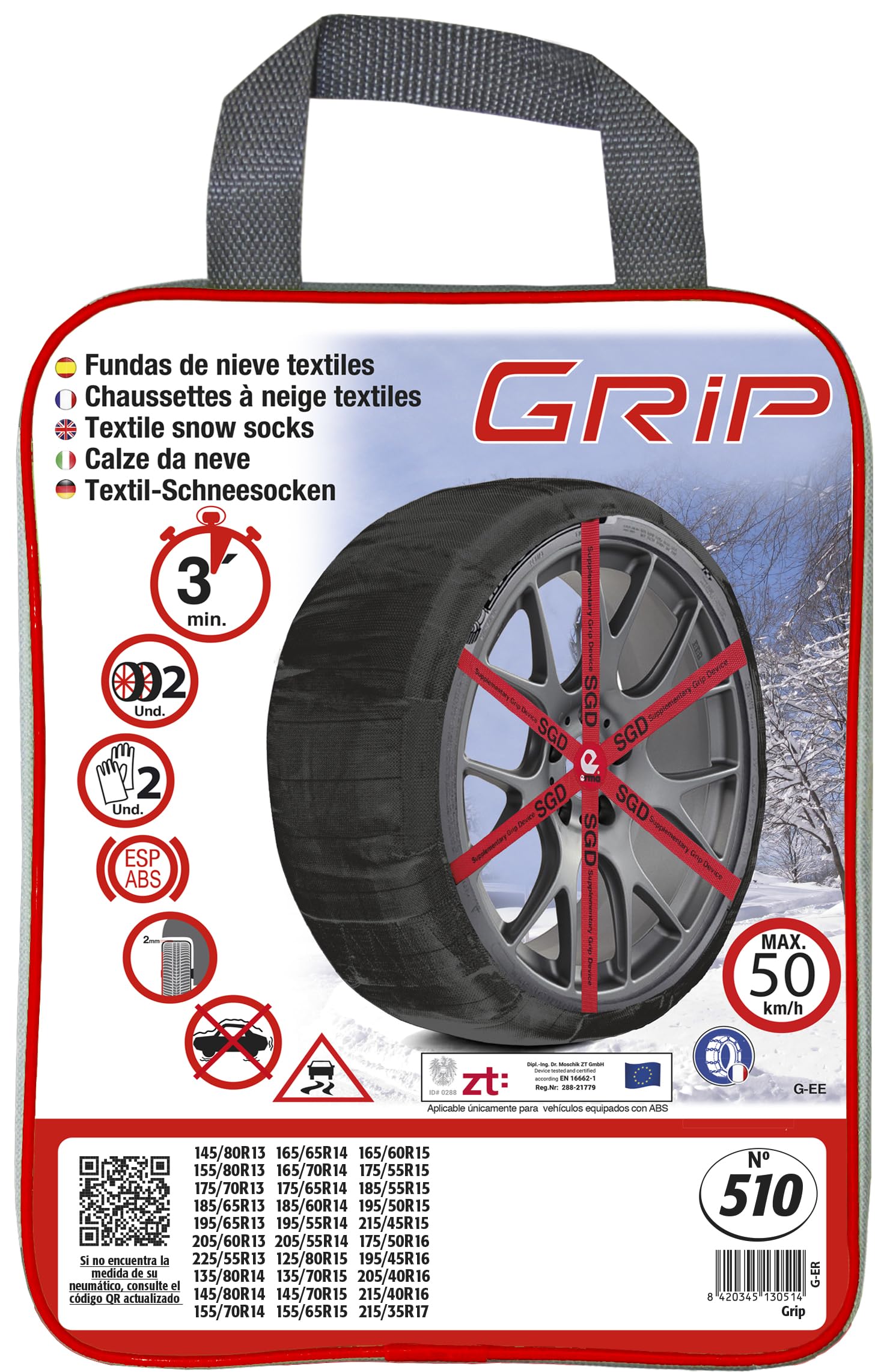 Grip Catene da Neve Tessile Taglia N. 510 Set 2PZ Guanti Inclusi