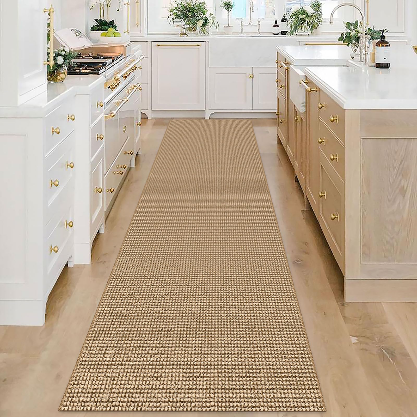 IOHOUZE Washable Long Hallway Runner Rug 2.6'x16' Rubber Backing Kitchen Runner Entryway Runner Indoor, Farmhouse Natural Boho Jute Rugs Low Pile Floor Carpet for Kitchen Hallway Entryway Stairway