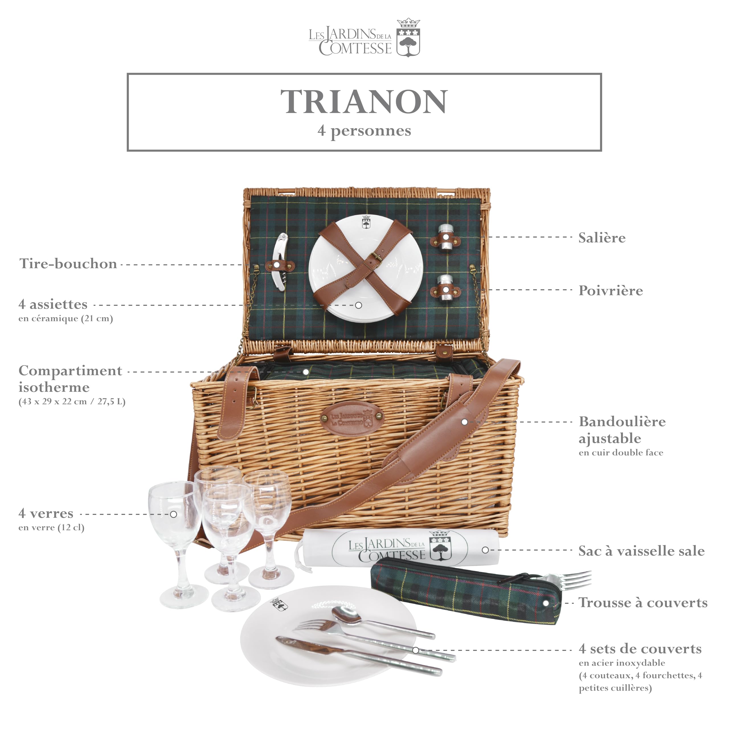 Les Jardins de la Comtesse - Cestino da Picnic Trianon Verde - Con Cinturini in Pelle - Completo Per 4 Persone - Scomparto Isotermico - Piatti in Ceramica/Bicchieri da Vino in Vetro - 45 x 31 x 25 cm