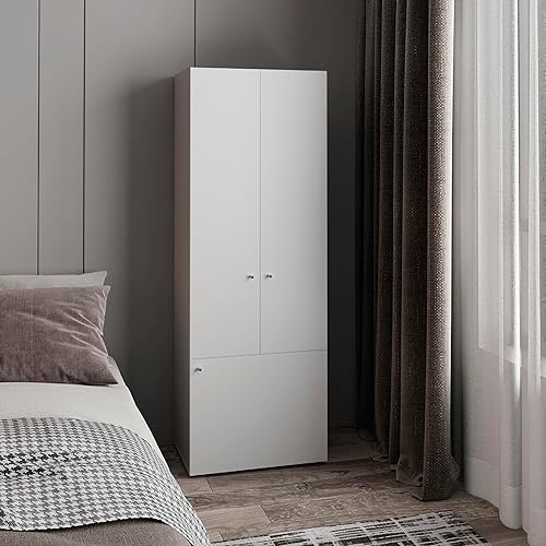 Home 3 Door Closet System with Hanging Rod for Clothes and Interior Shelves, Manufactured Wood Freestanding Bedroom Storage, Utility Room or