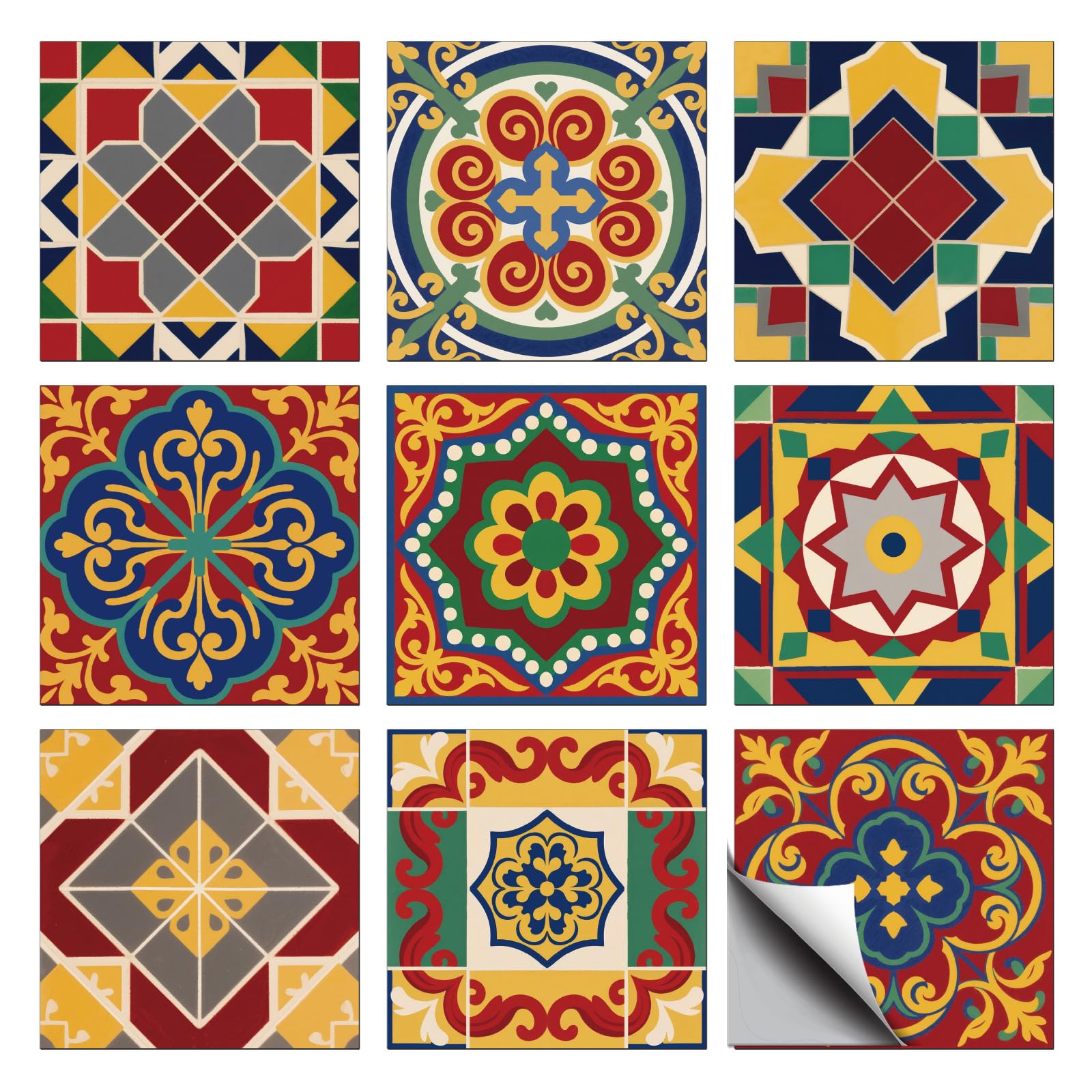 CONCHLERY 36 Pcs 9 Styles Retro Floral Geometric Pattern Peel and Stick Tile Stickers Waterproof Self Adhesive Decals, for Kitchen Bathroom Home Wall Art Decor 4x4 Inch โ image 1