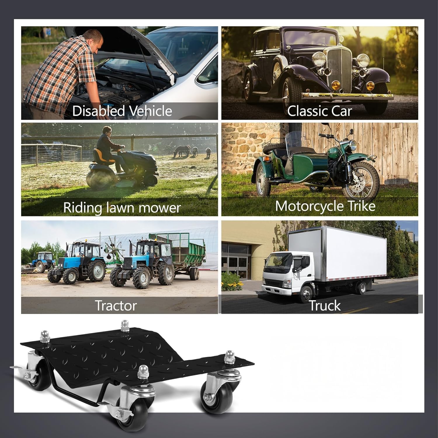 Plataformas Rodantes De Alta Resistencia - Frenos Integrados - Patines De Acero para Mover y Remolcar Vehículos - Almacenamiento con Placa Roscada