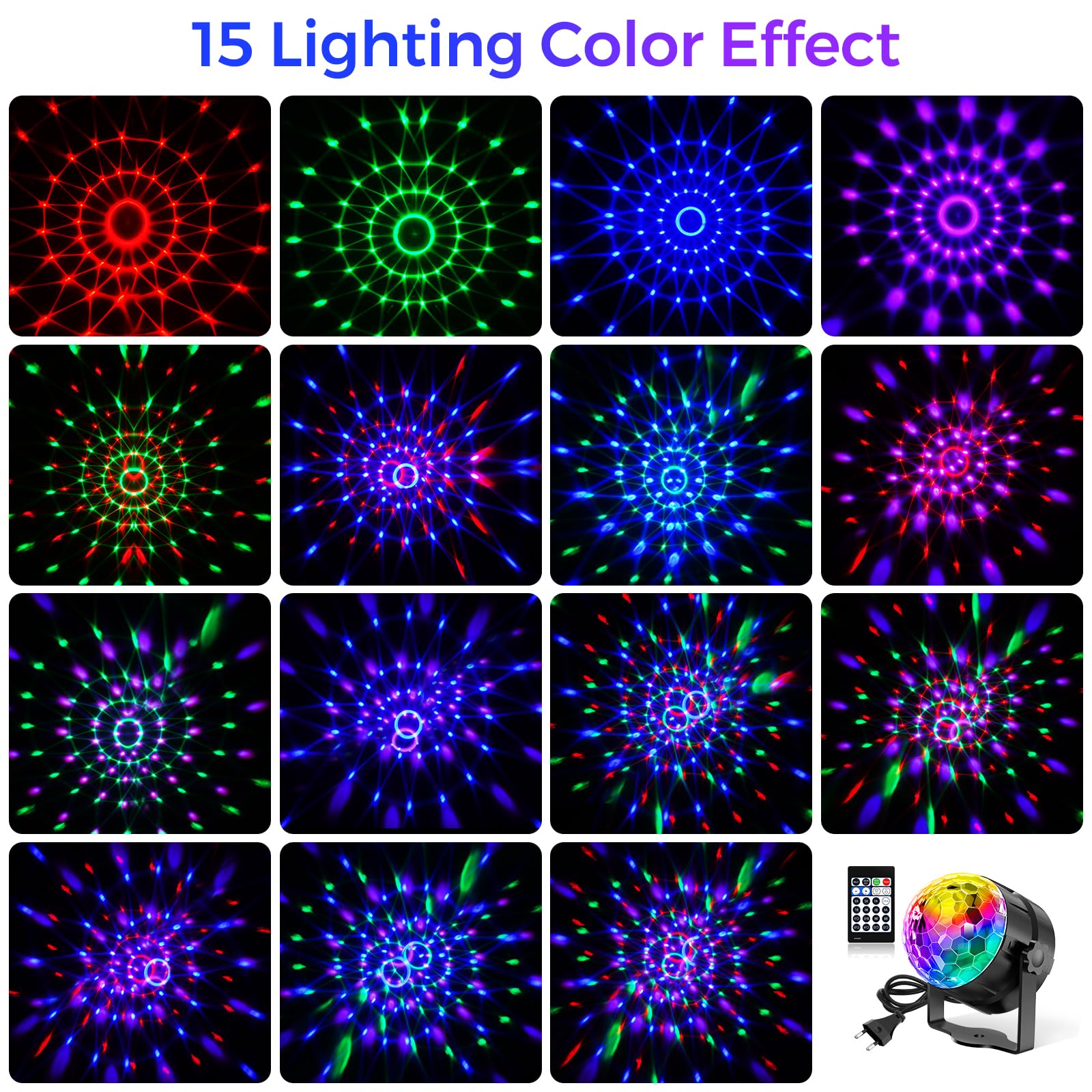 Gobikey Luci discoteca, 360° rotante con controllo musicale, palla da discoteca per feste con telecomando e cavo da 2 metri, 15 effetti luminosi RGBP, ideale per feste in casa, compleanni, festività