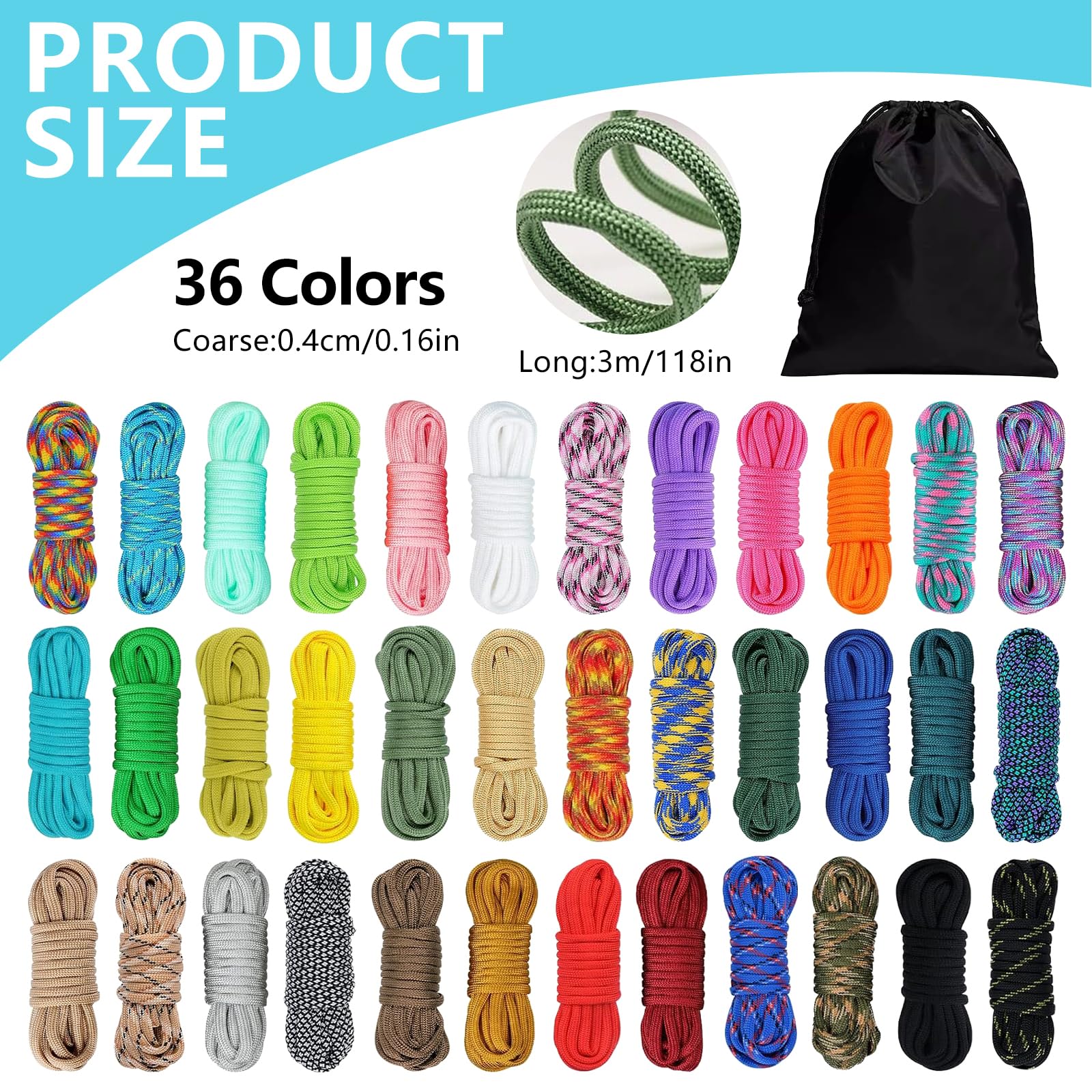 Kit combinado de cuerda de paracaídas 550 de 36 colores, cuerda de paracaídas de 10 pies, 4 mm, cuerda de paracaídas 550, cuerda de nailon de 7 hebras, cuerda de supervivencia al aire libre, llavero