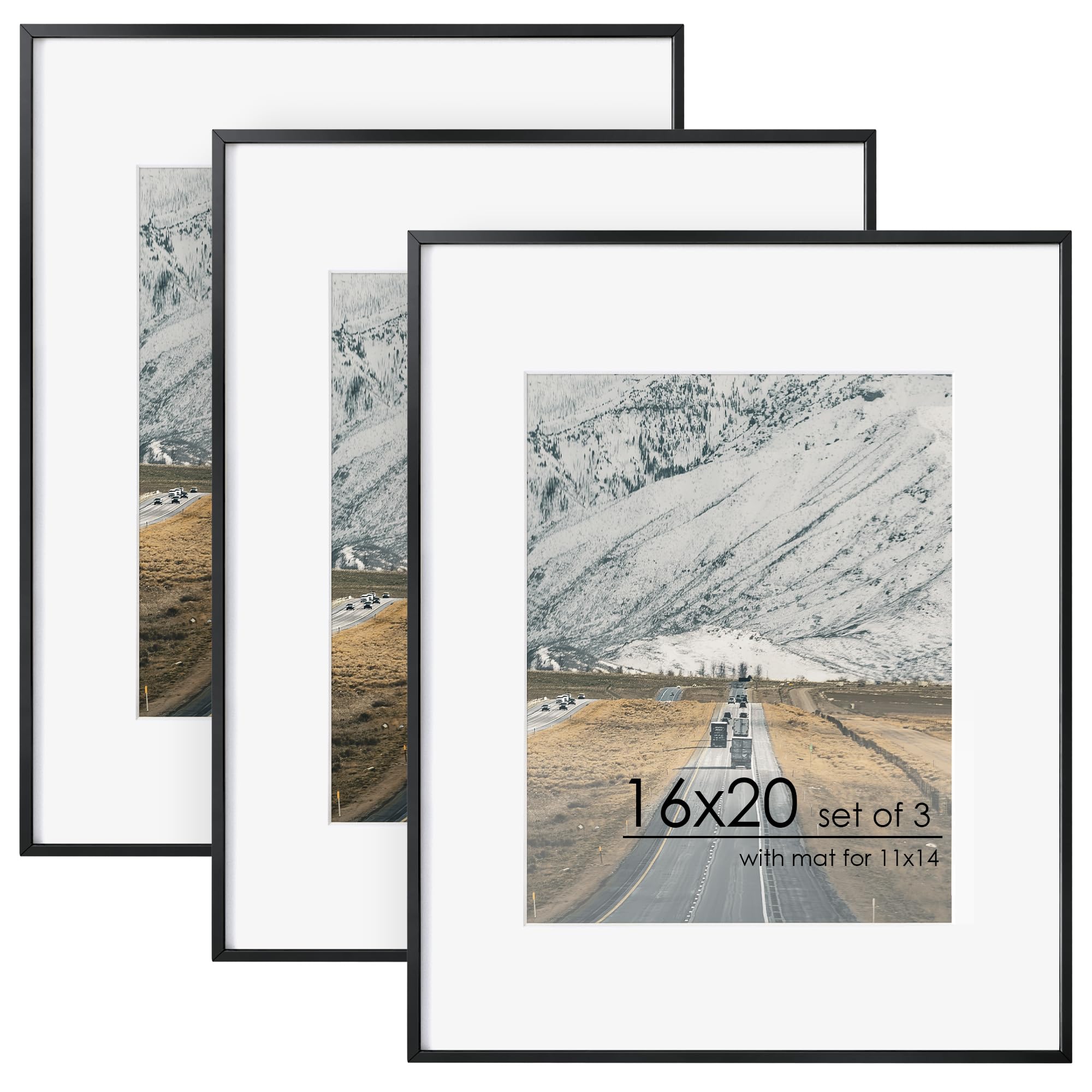 Photo 1 of 16x20 Metal Picture Frame for Wall with Mat for 11x14, 16''x20'' Aluminum Photo Frames With Tempered Glass for Home Decor, Minimalist Modern Poster Frame Horizontally Vertically Set of 3, Black Black 16''x20''-3P