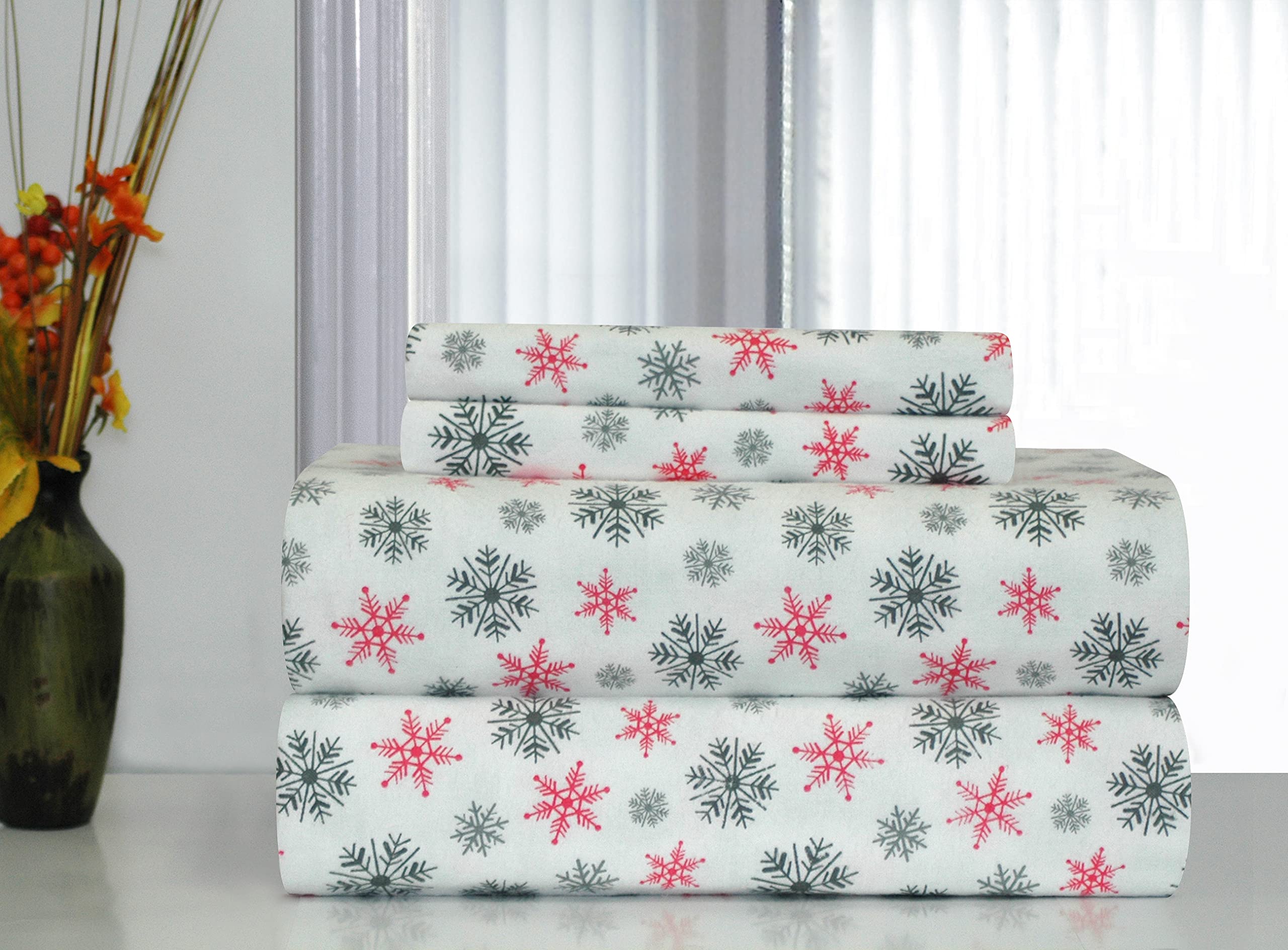 Pointehaven Flannel 170 GSM Sheet Set,Queen Snow Flakes White