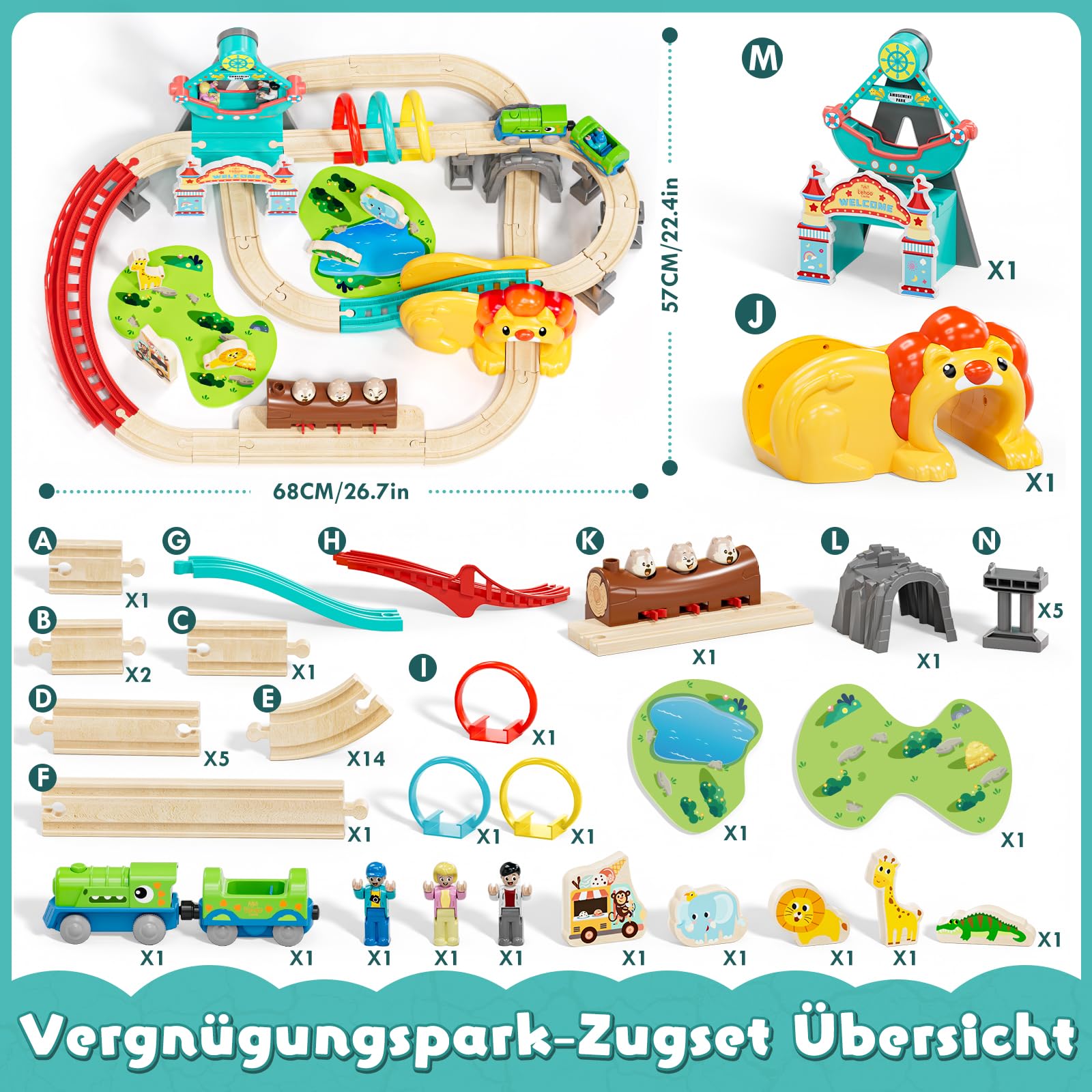 Lehoo Castle Holzeisenbahn, Dinosaurier Lokomotive, Freizeitpark Holz Eisenbahn Kinder mit Löwentunnel, Holzeisenbahn Zubehör, Holzspielzeug für Kinder ab 3 Jahren