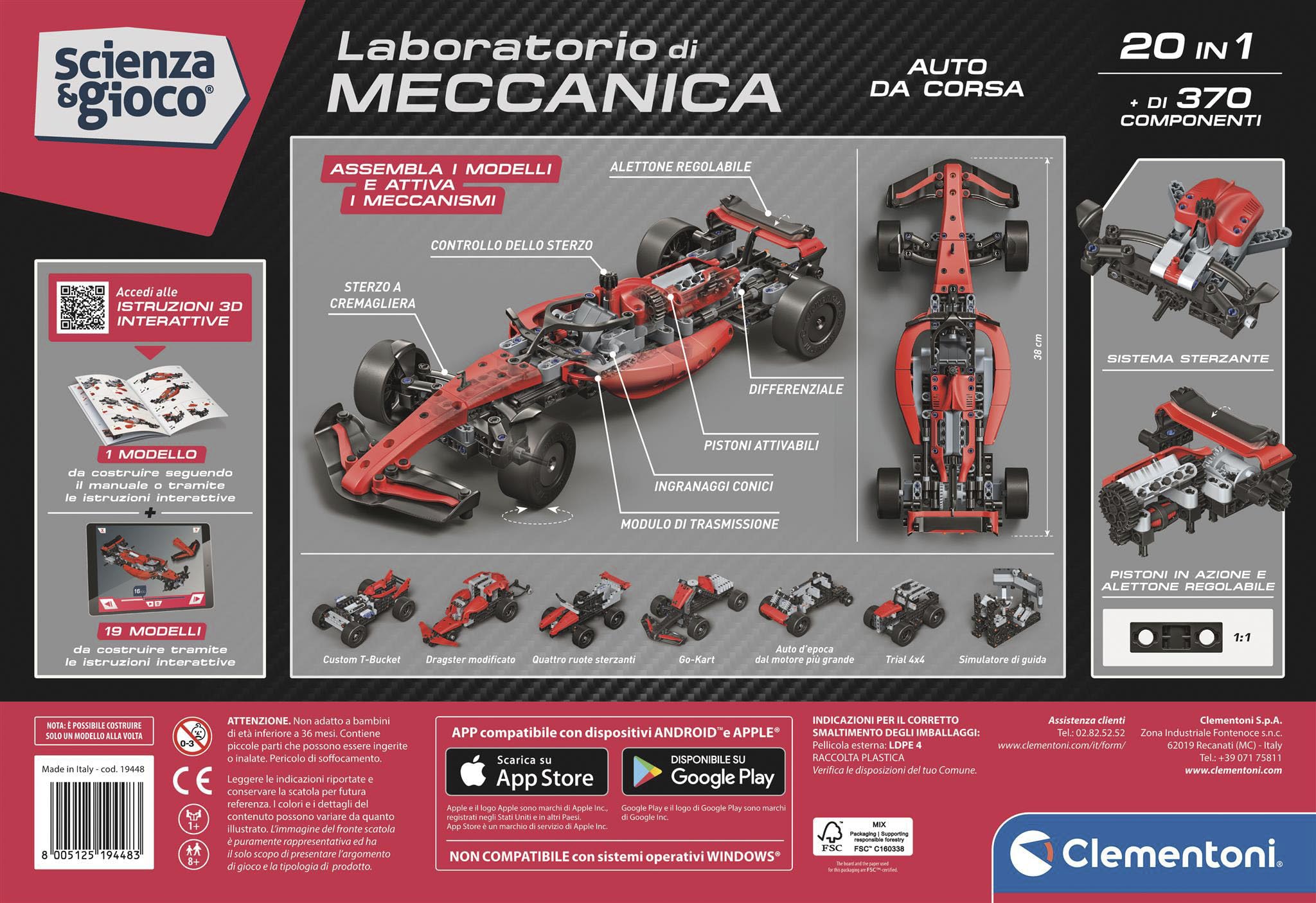 Clementoni Scienza e Gioco Laboratorio di Meccanica - Auto da Corsa, Set Costruzioni Bambini 8+ Anni, Scopri i Principi dell'Ingegneria, Made in Italy, Lingua Italiana, 19448