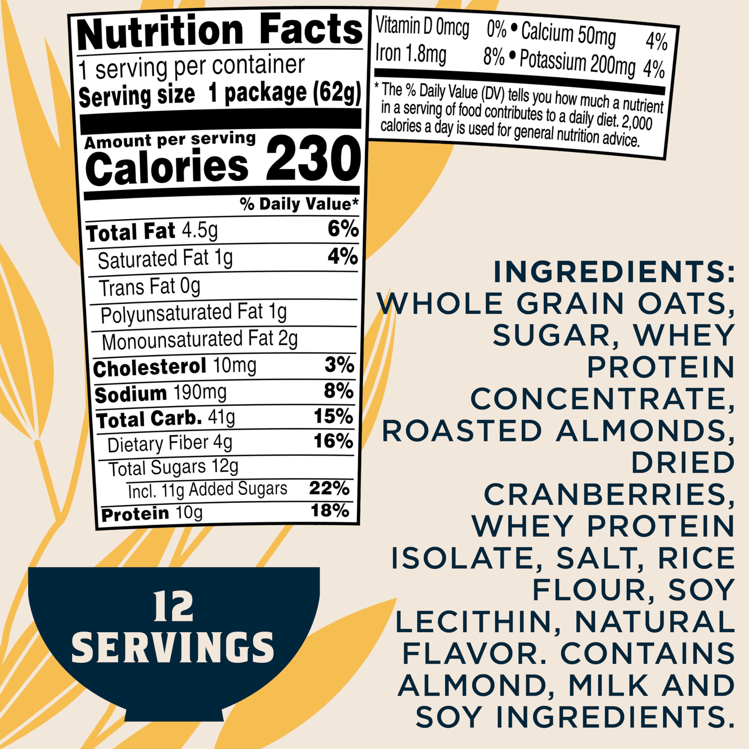 Quaker Protein Instant Oatmeal Express Cups, Cranberry Almond, 10g Protein, 2.18 Ounce (Pack of 12)