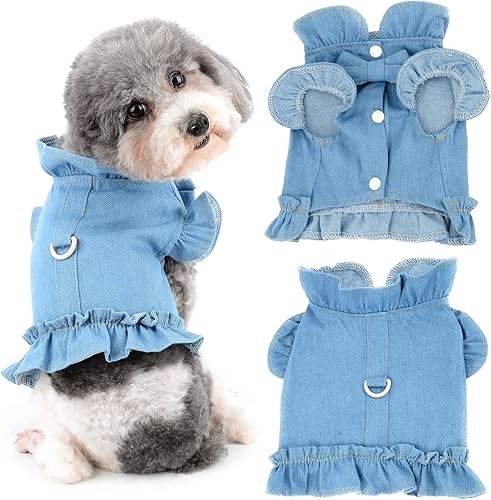 Ranphy Arnés para perro pequeño, vestido para niña, chaleco para mascotas, camisa de mezclilla para cachorro, gato, traje de verano con volantes,
