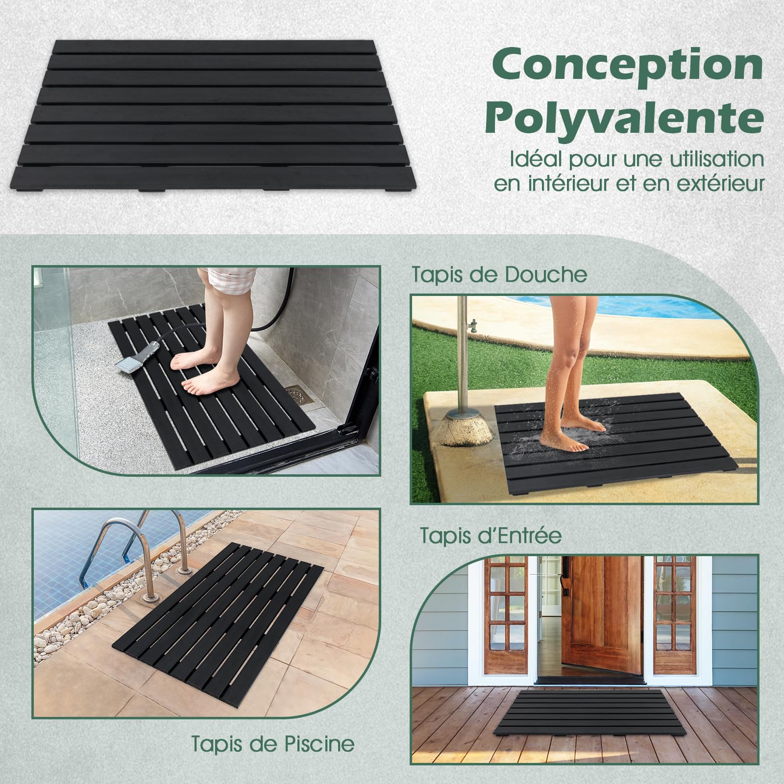 GOPLUS Tapis de Douche Exterieur, 100 X 60 CM Caillebotis Interieur Antidérapante Bois-Plastique,Design à Lattes de Sol pour Salle de Bain, Charge 150KG, Noir