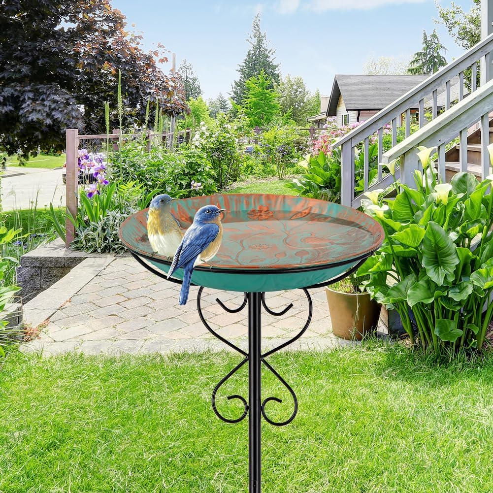 Metal Outdoor Bird Bath,Standing BirdBath & Bird Feeder with Stake Cast Iron Bird Baths Bowl for Outside Garden Patio Yard Lawn Decor
