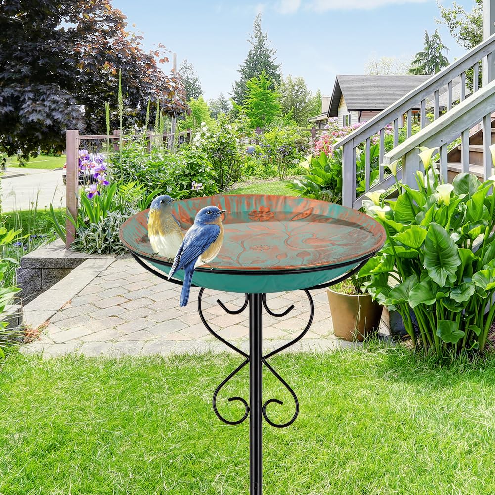 Baño de metal para pájaros al aire libre, baño de pie para pájaros y comedero para pájaros con estaca de hierro fundido para exteriores, jardín, patio, decoración de césped