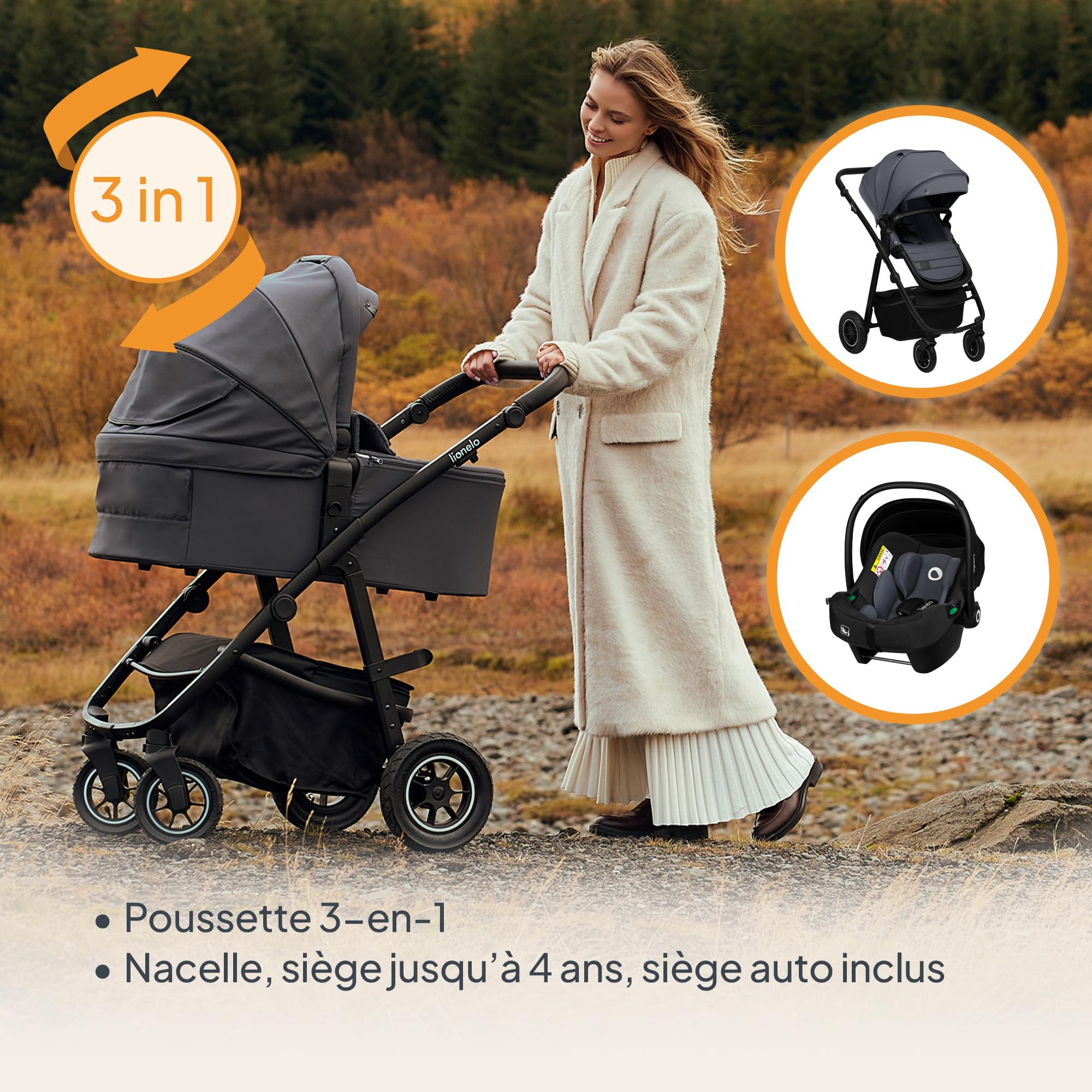LIONELO AMBER PLUS poussette multifonctionnelle 3 en 1 de 0 à 4 ans jusqu'à 22 kg avec nacelle XL, siège auto jusqu'à 13 kg, dossier réglable, grandes roues tout-terrain 360o, capote XXL (Grey)