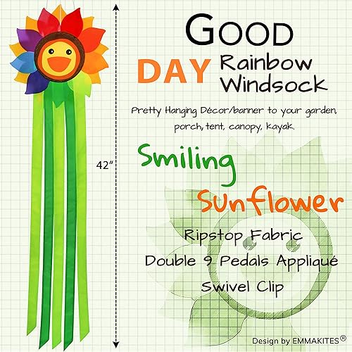 Miniatura 2 de emma kites Sonriente girasol arco iris Windsock decoración colgante al aire libre para jardín, patio trasero, balcón, porche, camping, tienda de