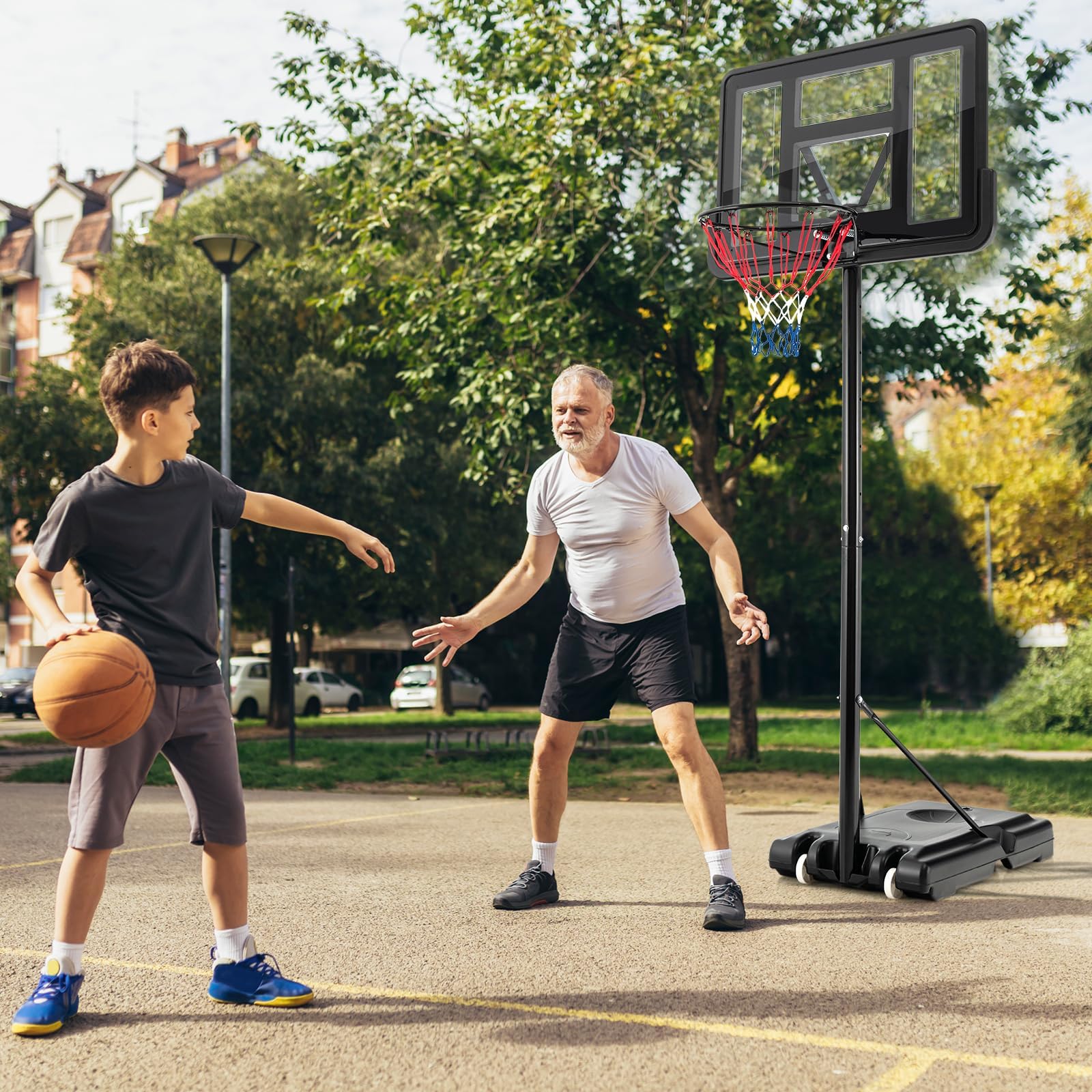 GYMAX Panier Basket Extérieur pour Enfants Adultes, Hauteur Réglable 135-305CM, Mobile avec Roues, Base Remplissable, 2 Filets Fournis, Panneau Arrière Incassable