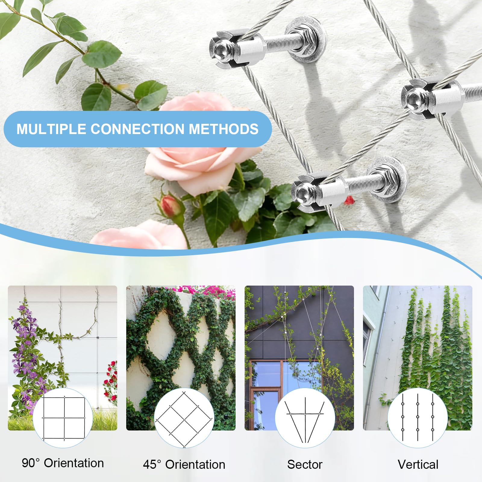 EXLECO Enrejado de Alambre Plantas Trepadoras, Kit de Enrejado de Alambre de Acero Inoxidable 316 con 8 Soportes & Cuerda 12M x 3mm, Soporte para Plantas Trepadoras Pared para Rosas Vides Tomates