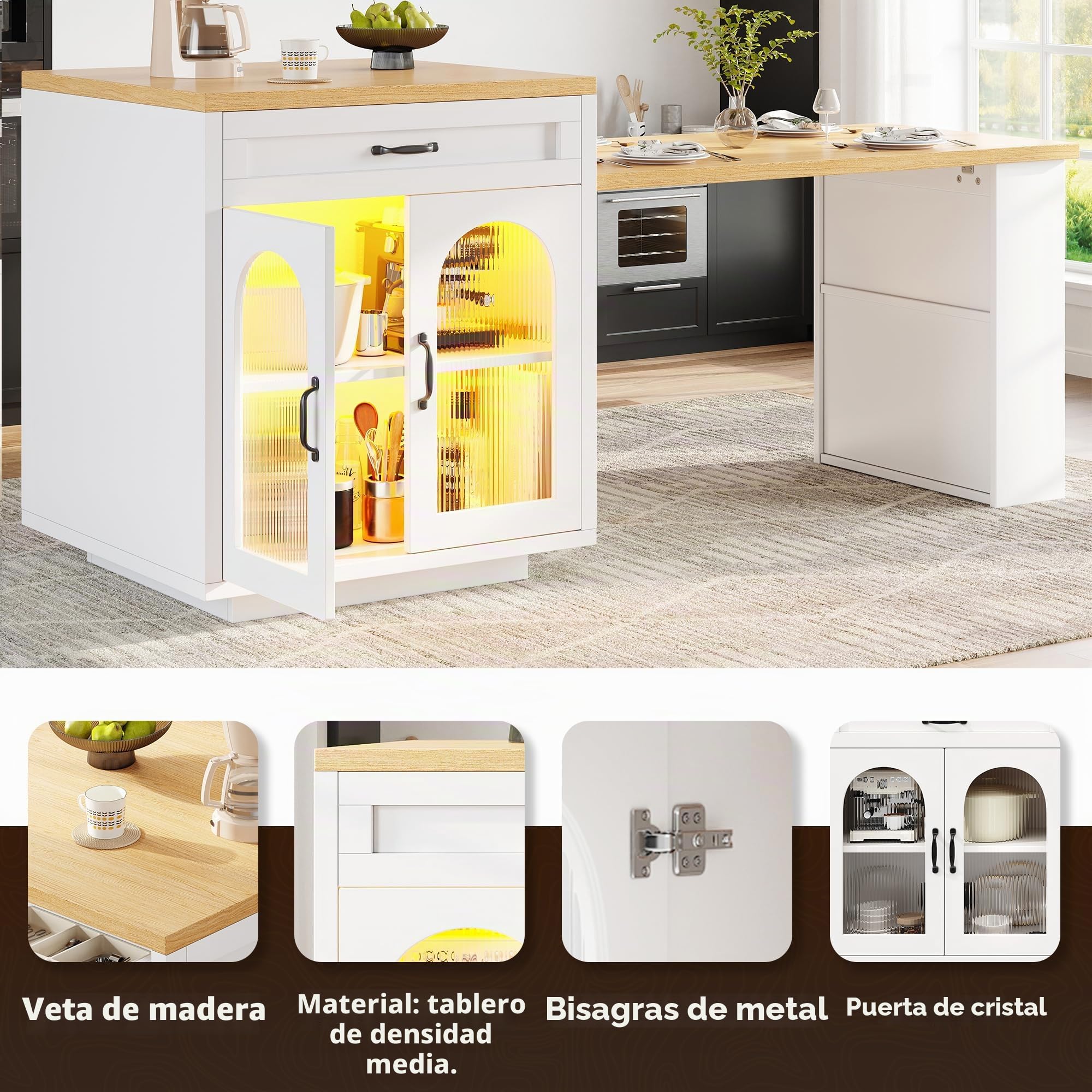 Isla de cocina extensible con iluminación LED, armario de cocina moderno con 2 cajones y estantes ajustables, aparador con puertas de cristal estriadas, encimera de cocina de MDF para comedor (blanco)