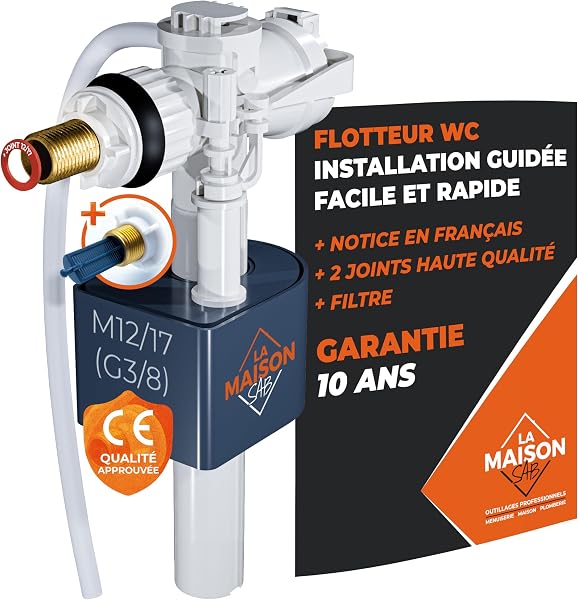 LA MAISON SAB Flotteur WC Durable - INSTALLATION FACILE : Notice Complète + Joint + Filtre - Garantie 10 ans Mécanisme Qualité Prémium Chasse d’eau. Robinet à Mecanisme Horizontal pour Toilette WC - 1