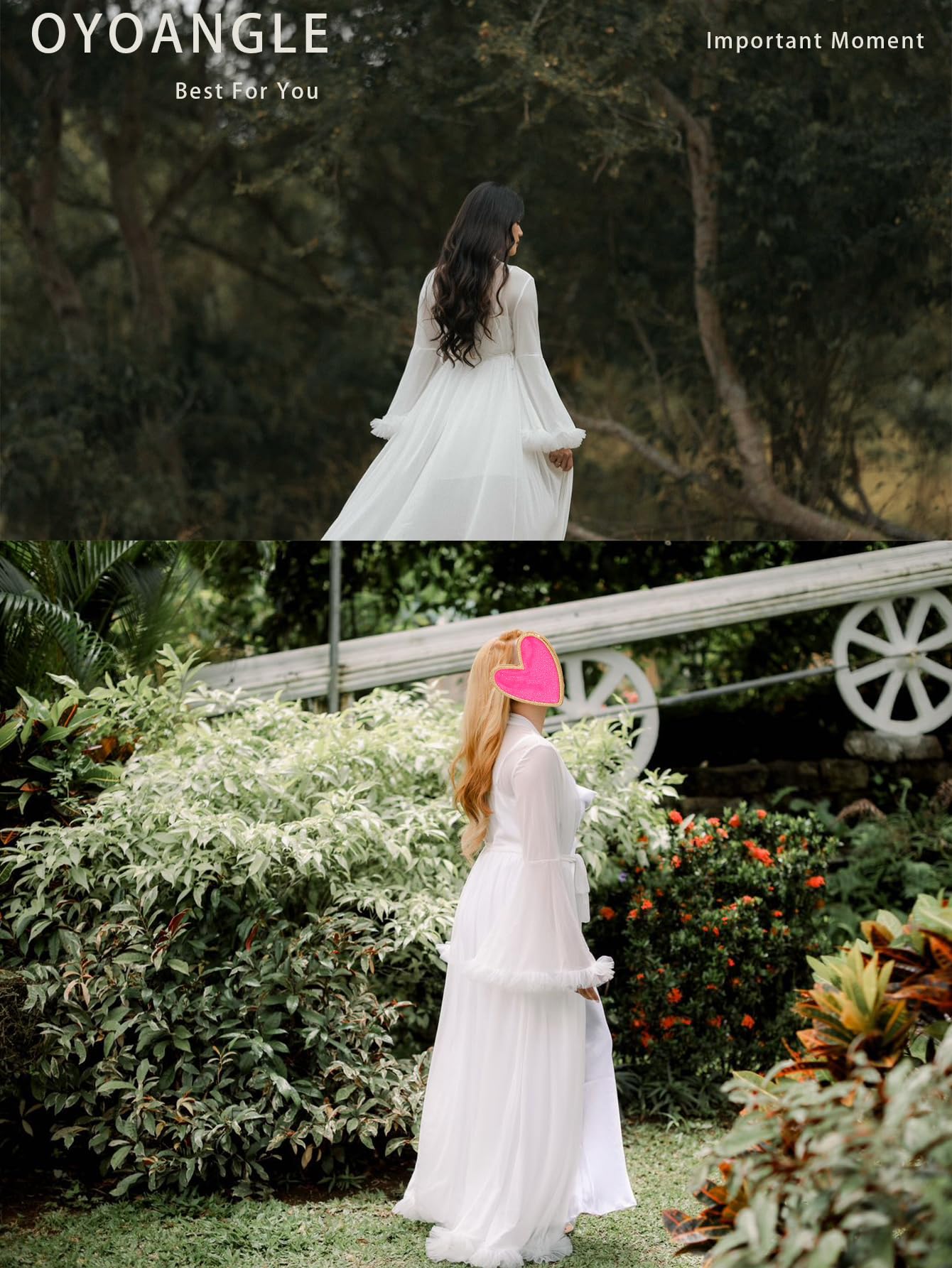 OYOANGLE Women's Ruffle Trim Long Sleeve Belted Sheer Mesh Wedding Bride Robe Nightgown: Medium White