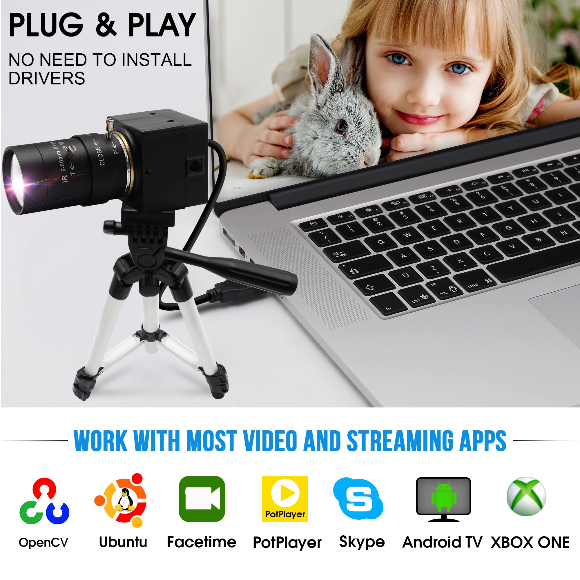 ELP Caméra 1080P 5-50 mm 10x Zoom Optique Manuel, USB 2 MP Avec Capteur CMOS OV2710, Streaming à Taux d'Images Élevé, Enseignement, Webcam Pour OpenCV Window/Linux/Raspberry Pi