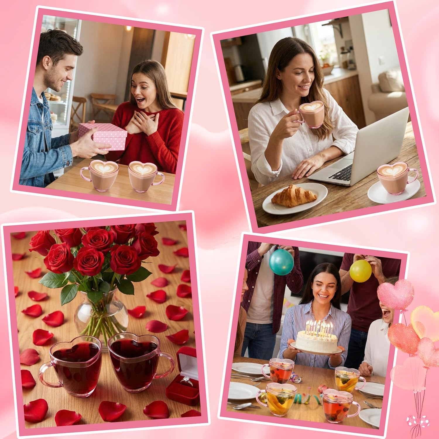 4 Pcs Valentine Heart Shaped Glass Coffee Mugs Galentine's Day 17oz Pink Clear Glass Cups with Handle for Coffee Tea Latte Hot Chocolate Heart Mug for Valentine's Day Anniversary Wedding Gift