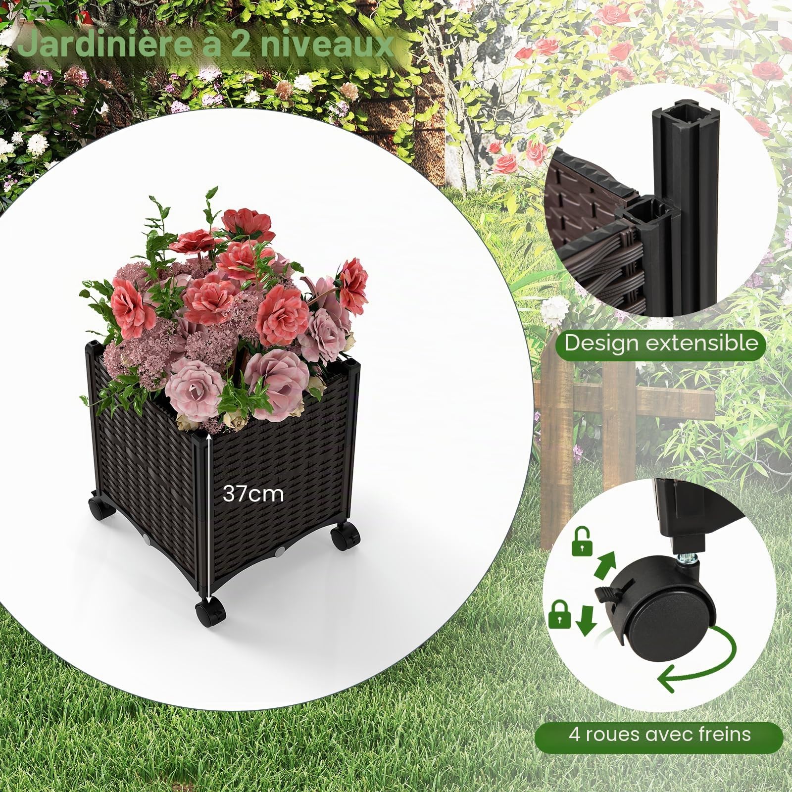 HOMASIS 2 en 1 Arche Jardin avec 2 Jardinières Mobiles, Tonnelle en Métal avec Treillis, Roues Verrouillables etTrous Drainage, Support Arche pour Plante Grimpante (288x40x202cm)