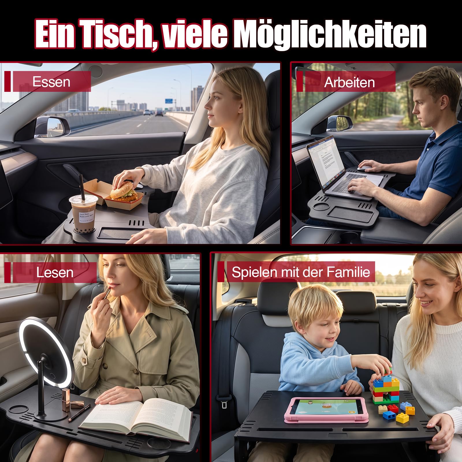 Klappbarer Autotisch Mit Getränkehalter, Dreiteilig Klappbar, Hohe Belastbarkeit, Geeignet Für Den Fahrer- Und Beifahrersitz, Ideal Zum Arbeiten Und Essen