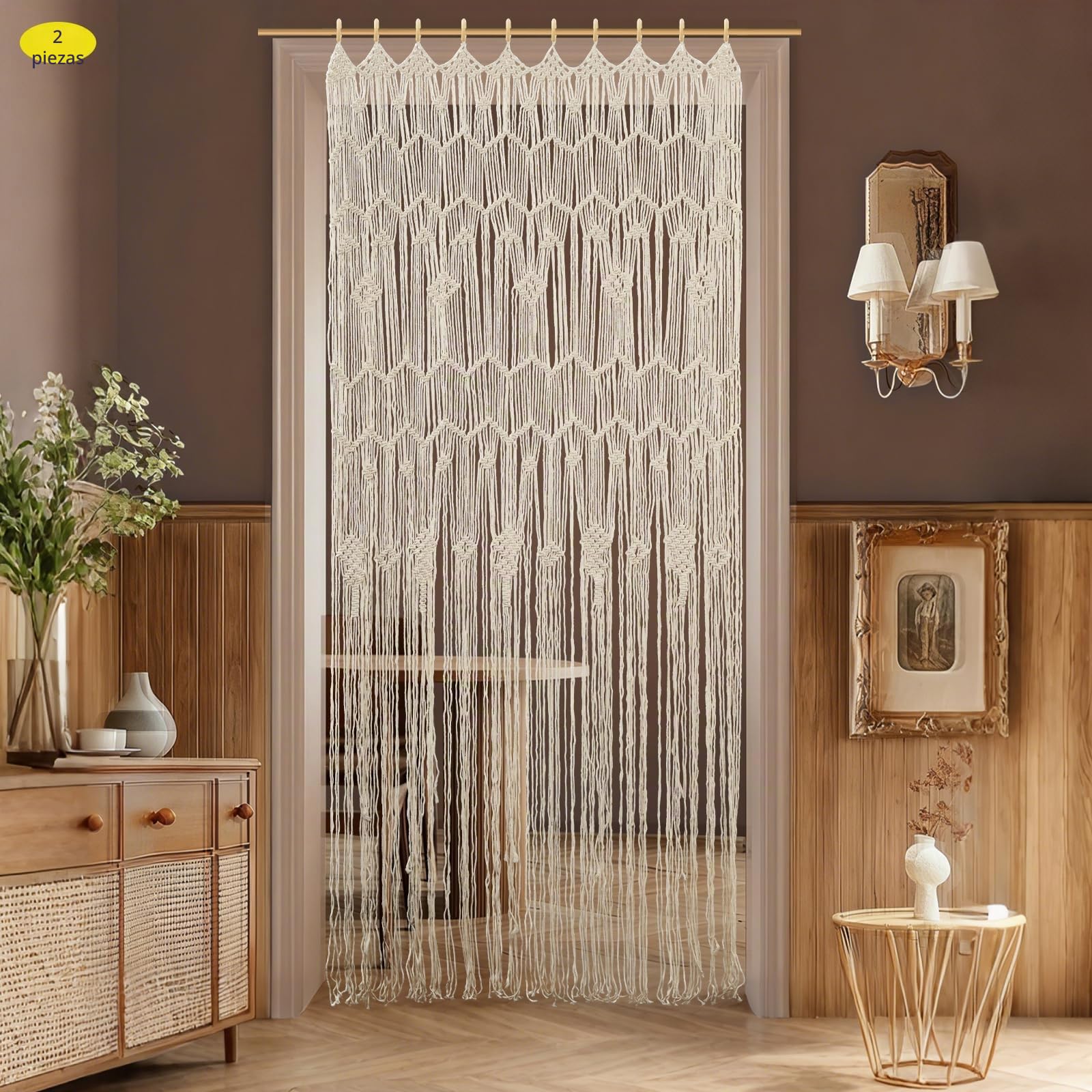 2 unidades de 200 cm borla tejida para colgar en la pared, cortinas tejidas para puertas y ventanas, tapices bohemios, cortinas tejidas a mano, algodón tejido, decoración de pared, adecuado