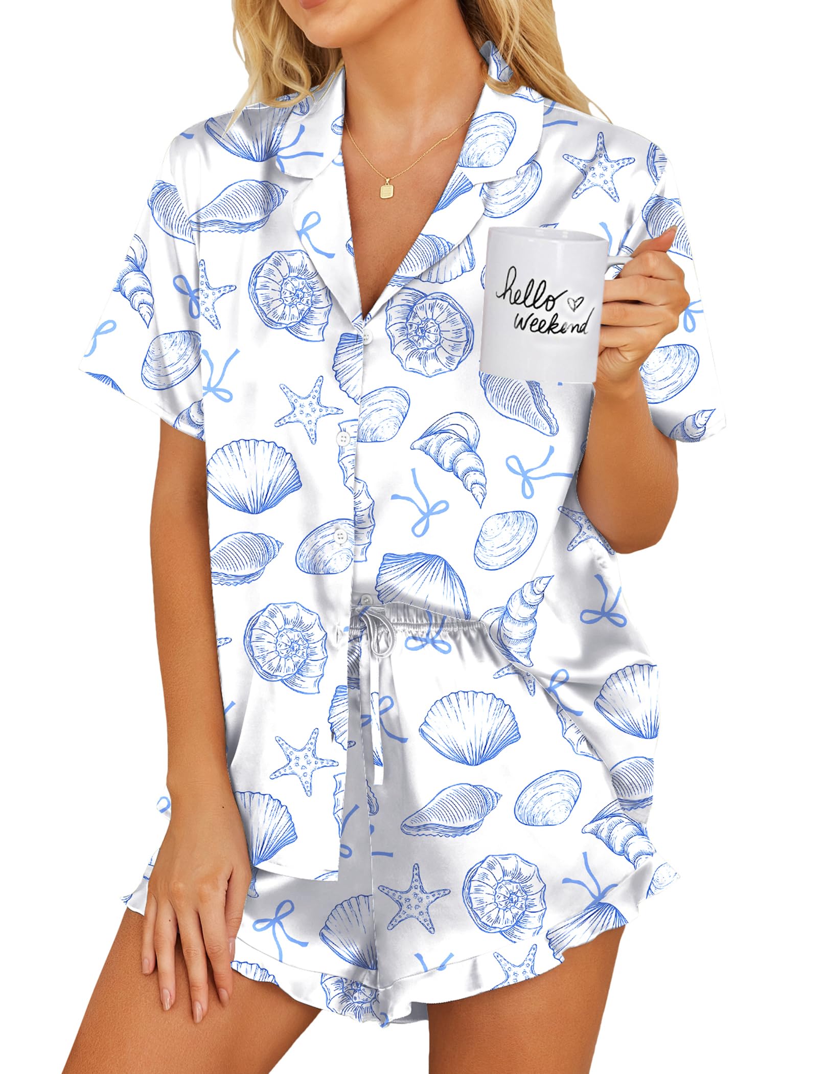 Ekouaer Womens Satin Pajamas Set Button Down 2 Piece Silk Pjs Shorts Set Ruffle Lingerie Notch Collar Sleepwear | 2 Piece Satin Pjs Shorts Set, Ruffle, Notch Collar, for Sleep,Lounge,Wedding,Bridal Pa