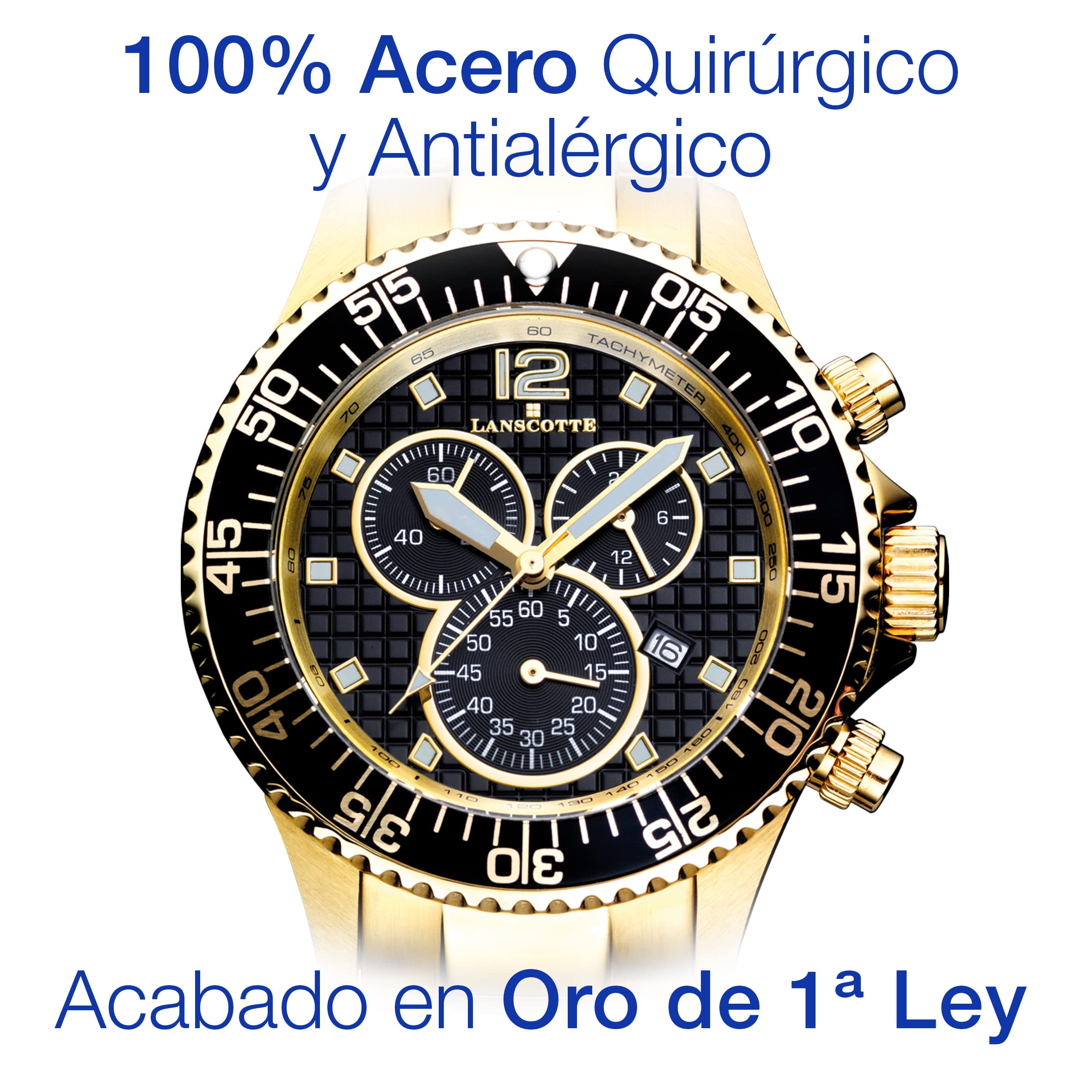 Lanscotte Icon – Reloj Cronógrafo de Hombre 42 mm – Acero Quirúrgico Antialérgico Acabado en Oro 1ª Ley IPG · Bisel Black Enamel · Cristal Tipo Zafiro · Taquímetro · 10 ATM