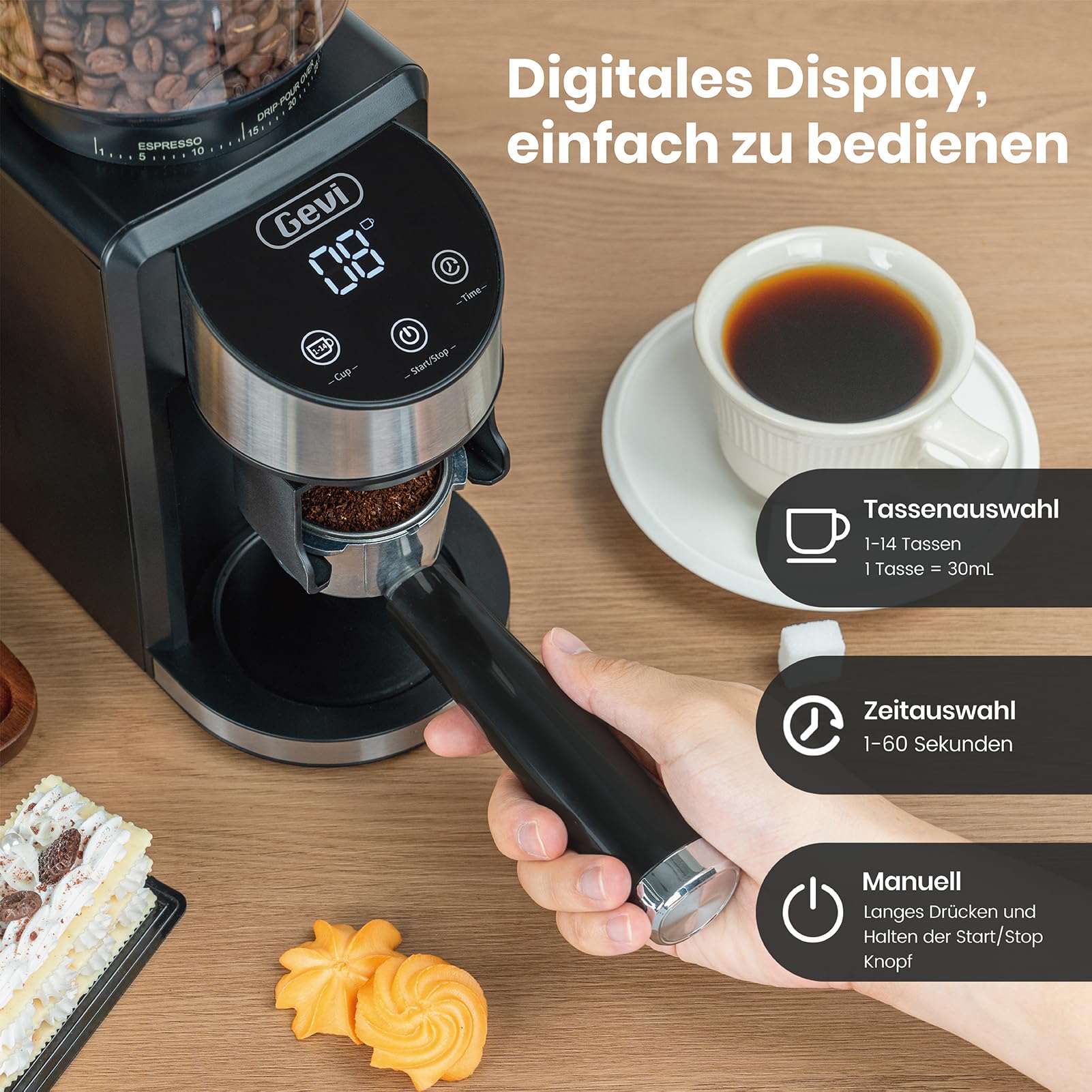 Gevi Elektrische Burr Kaffeebohnenmühle, 35 Mahlgradeinstellungen, 51 & 58 mm Siebträgerhalter