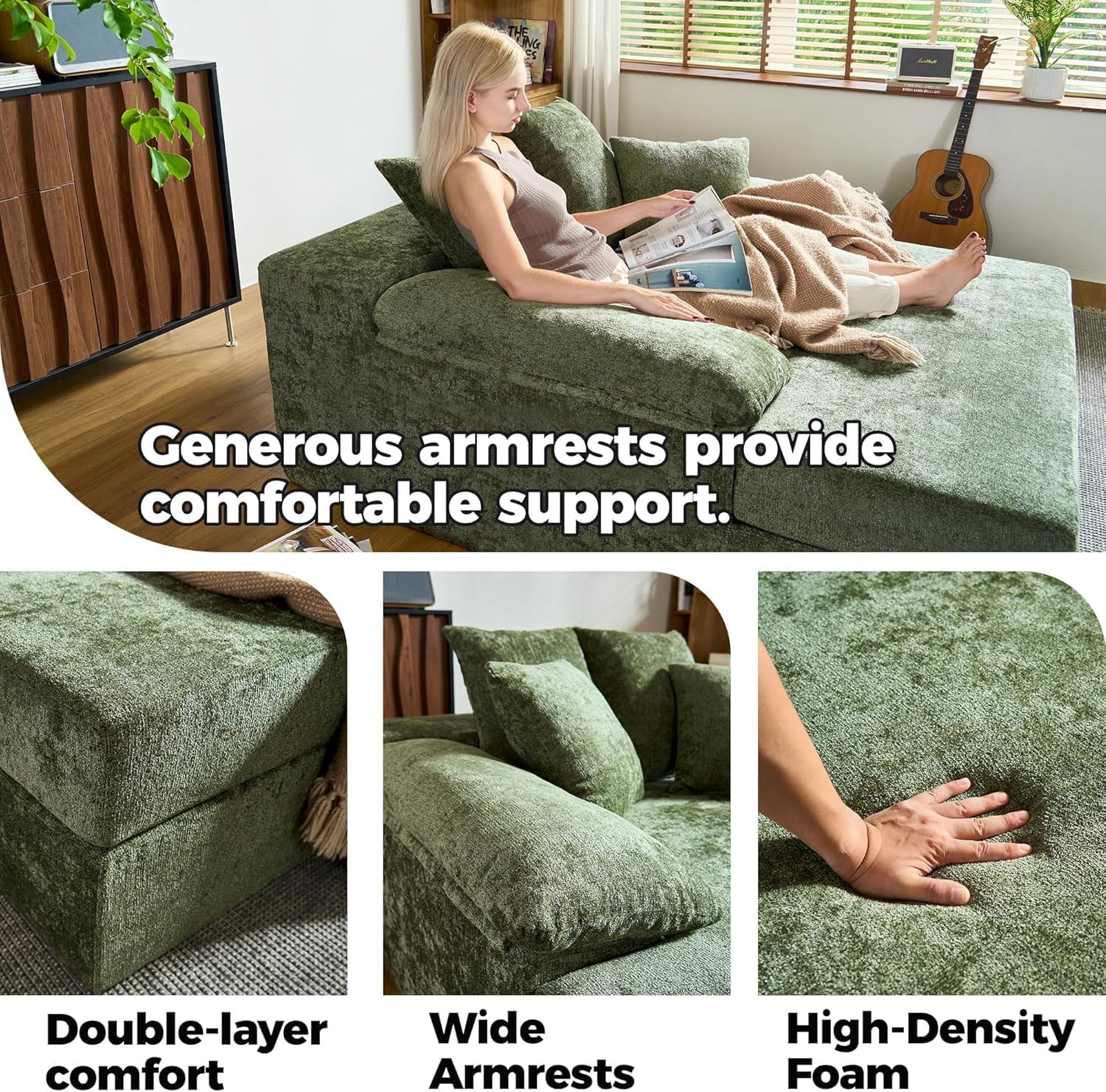 68" Chaise Lounge Chair Indoor, Oversized Chenille Upholstered Boneless Sofa Bed, Deep Seat Sleeper Couch Reading Chair with Armrests and 4 Pillows for Living Room, No Assembly
