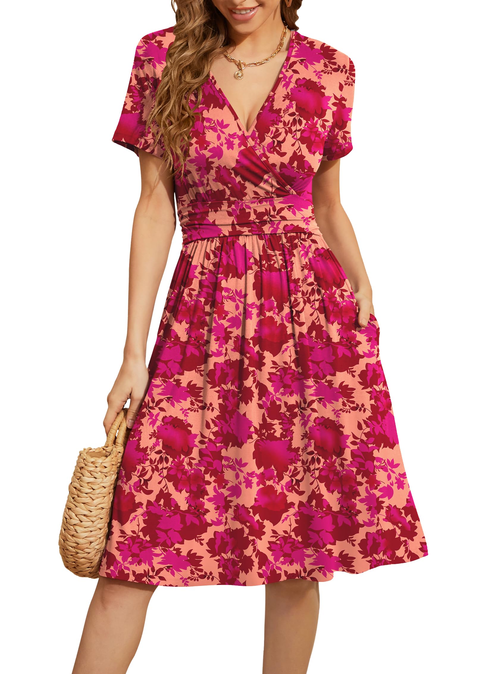 WEACZZY Women's Summer Short Sleeve Casual Dresses V-Neck Floral Party Dress with Pockets