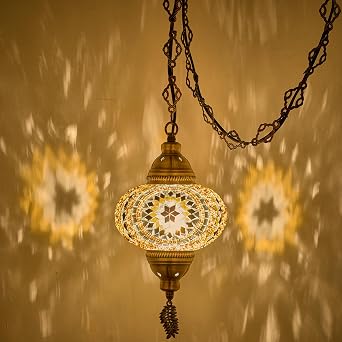 DEMMEX Plug-in Turkish Moroccan Mosaic Hanging Pendant Ceiling Light Swag Lamp Fixture with 15ft Cord & Chain, Handcrafted Glass, Vintage Tiffany Style, Mediterranean Exotic Decor, Amber Brown