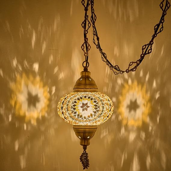 DEMMEX Plug-in Turkish Moroccan Mosaic Hanging Pendant Ceiling Light Swag Lamp Fixture with 15ft Cord & Chain, Handcrafted Glass, Vintage Tiffany Style, Mediterranean Exotic Decor, Amber Brown