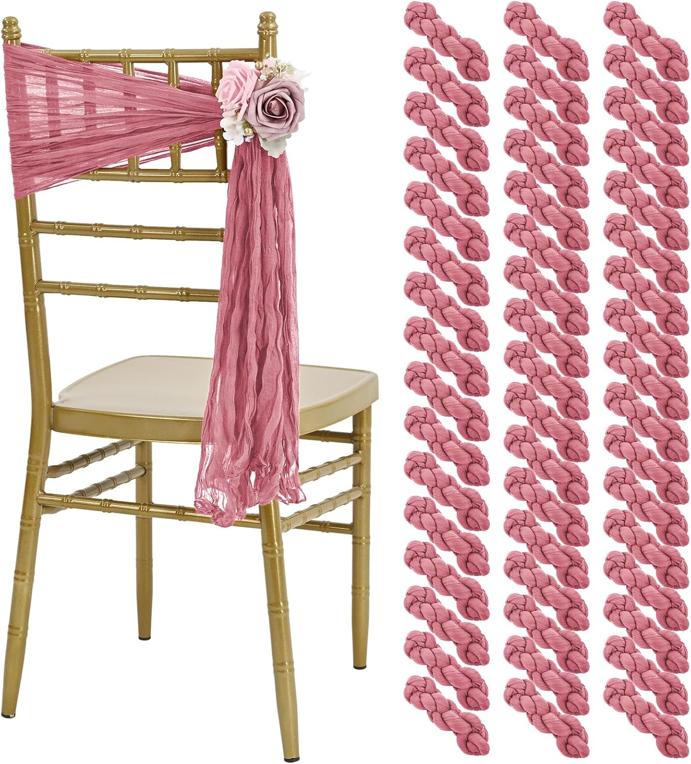 50 PCS Cheesecloth Chair Sashes, Bows Designed ChairSashes, 15.7x70 inch Chair Sashes for Aisle Decorations Universal Chairs Cover Decoration for Wedding Reception Party Banquet (Dusty Rose) Dusty Rose 50 PCS 15.7x70 Inch