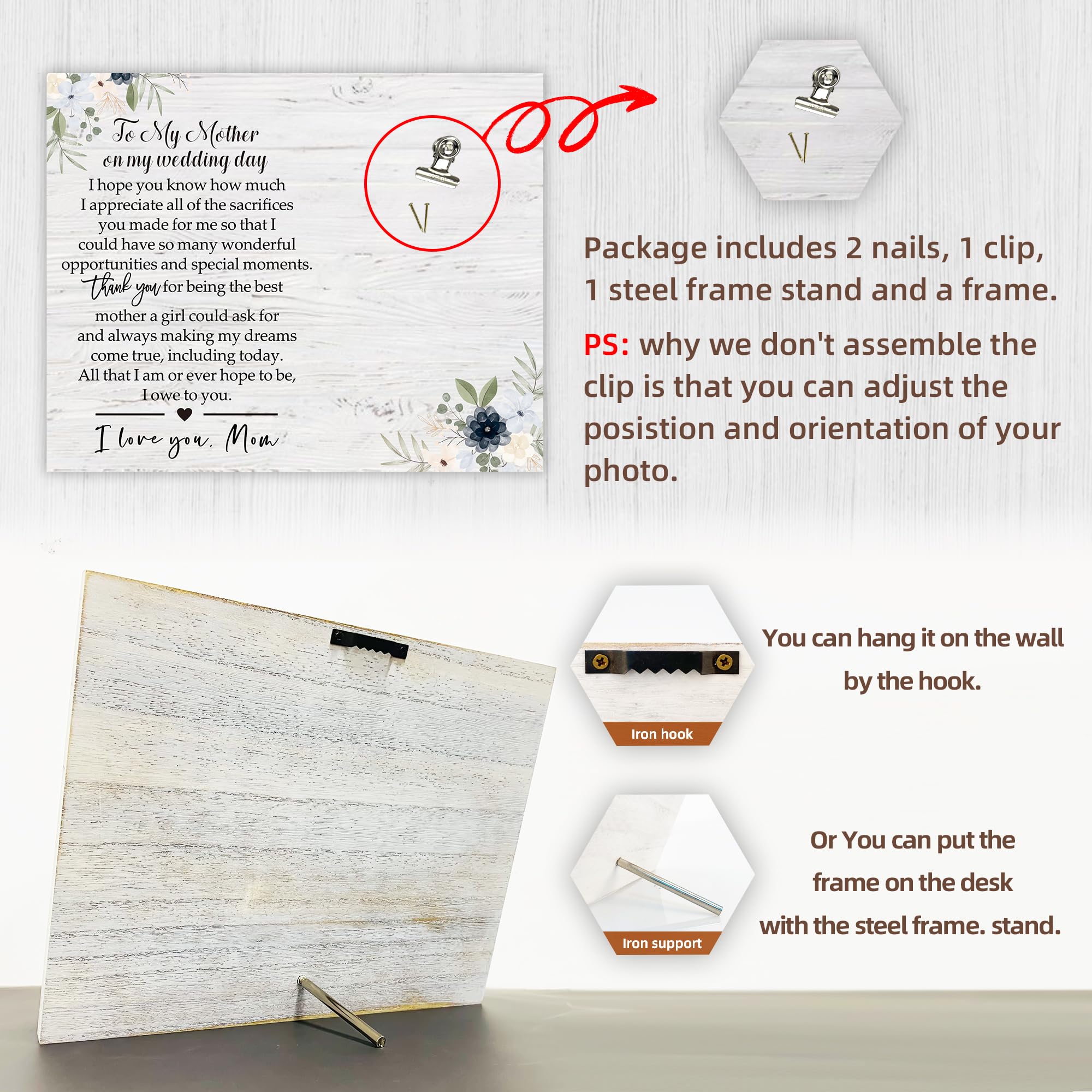 Cornice in legno per foto da 15,2 x 10,2 cm, regalo di ringraziamento per mamma, per mia madre il giorno del matrimonio, decorazione da scrivania per ricordi di nozze