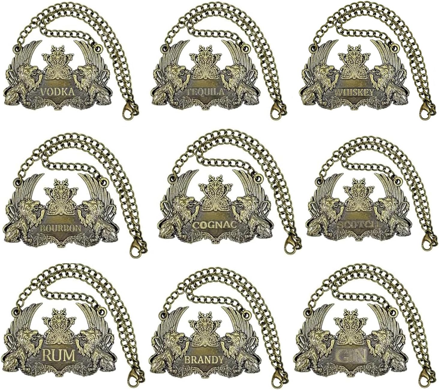 Decanter Tags Copper Liquor Decanter Label Set of 9 for Bottles or Decanters, Whiskey Liquor Tag with Adjustable Chain-Whiskey, Bourbon, Scotch, Gin, Rum, Vodka, Tequila and Brandy - Copper Colored