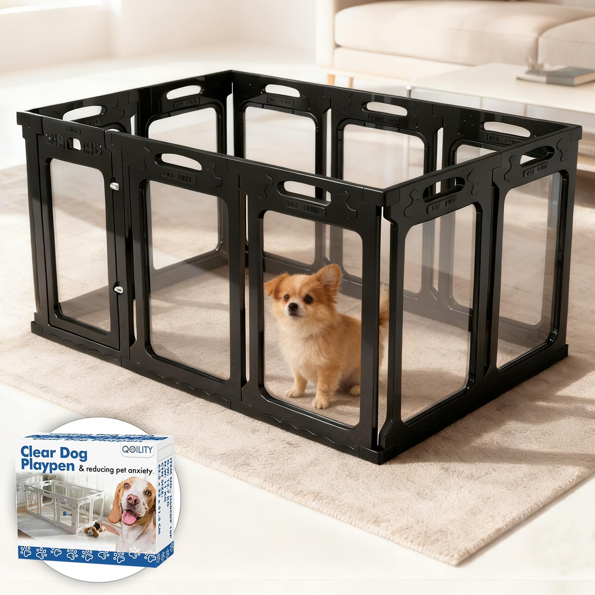 Qoility Clear Dog Playpen with Door - Height 30 Inch, 10 Panels - Reduces Indoor Puppy/Small Dog Anxiety, Black