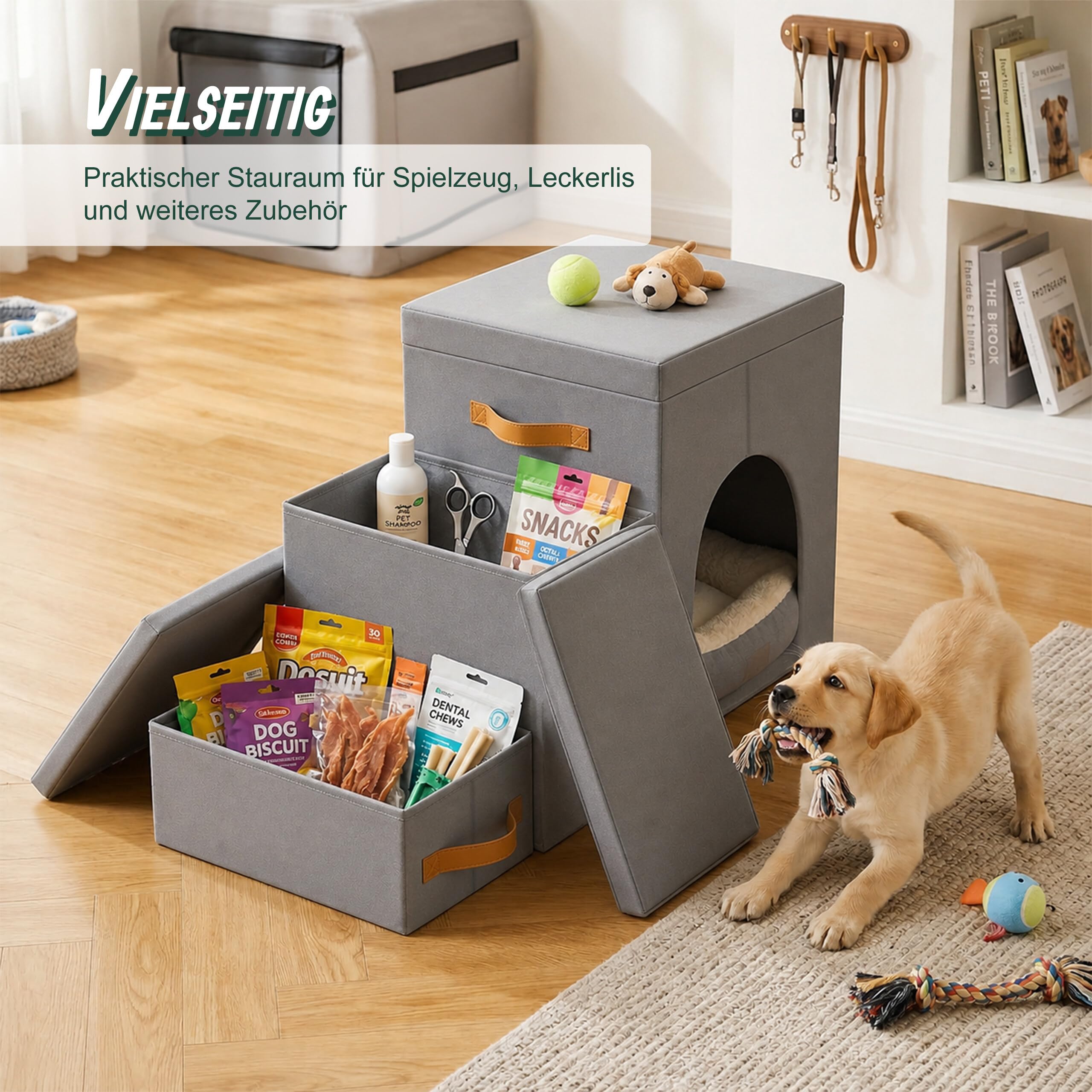 Relaxdays Hundetreppe, 3 Stufen, Höhle & Stauraum, HxBxT: 44,5 x 78 x 33,5 cm, faltbar, Hunderampe Bett & Sofa, grau