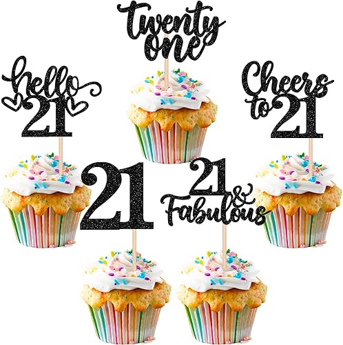 30 piezas de adornos para cupcakes con purpurina de 21 años con purpurina de 21 "Hello 21 Cheers to 21 Years Cupcake Picks 21 & Fabulous Cake Decor