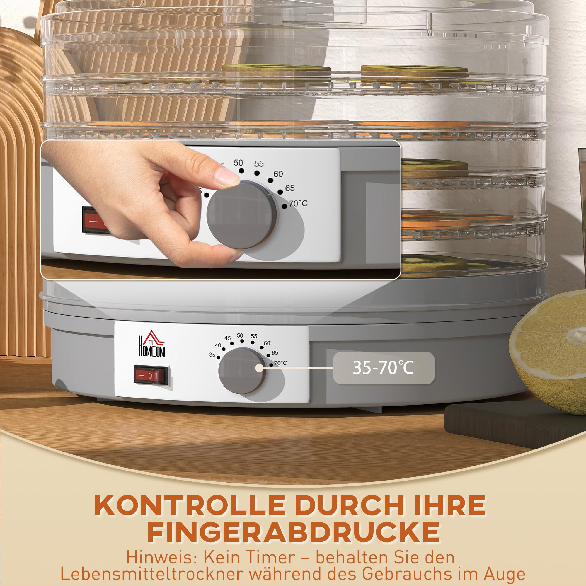 HOMCOM Dörrautomat Dörrgerät, 245 W, 35-70°C Temperaturregler, 5 Einlegefächer, Dehydrator für Lebensmittel, Obst, Fleisch, Gemüse, Blumen, BPA frei
