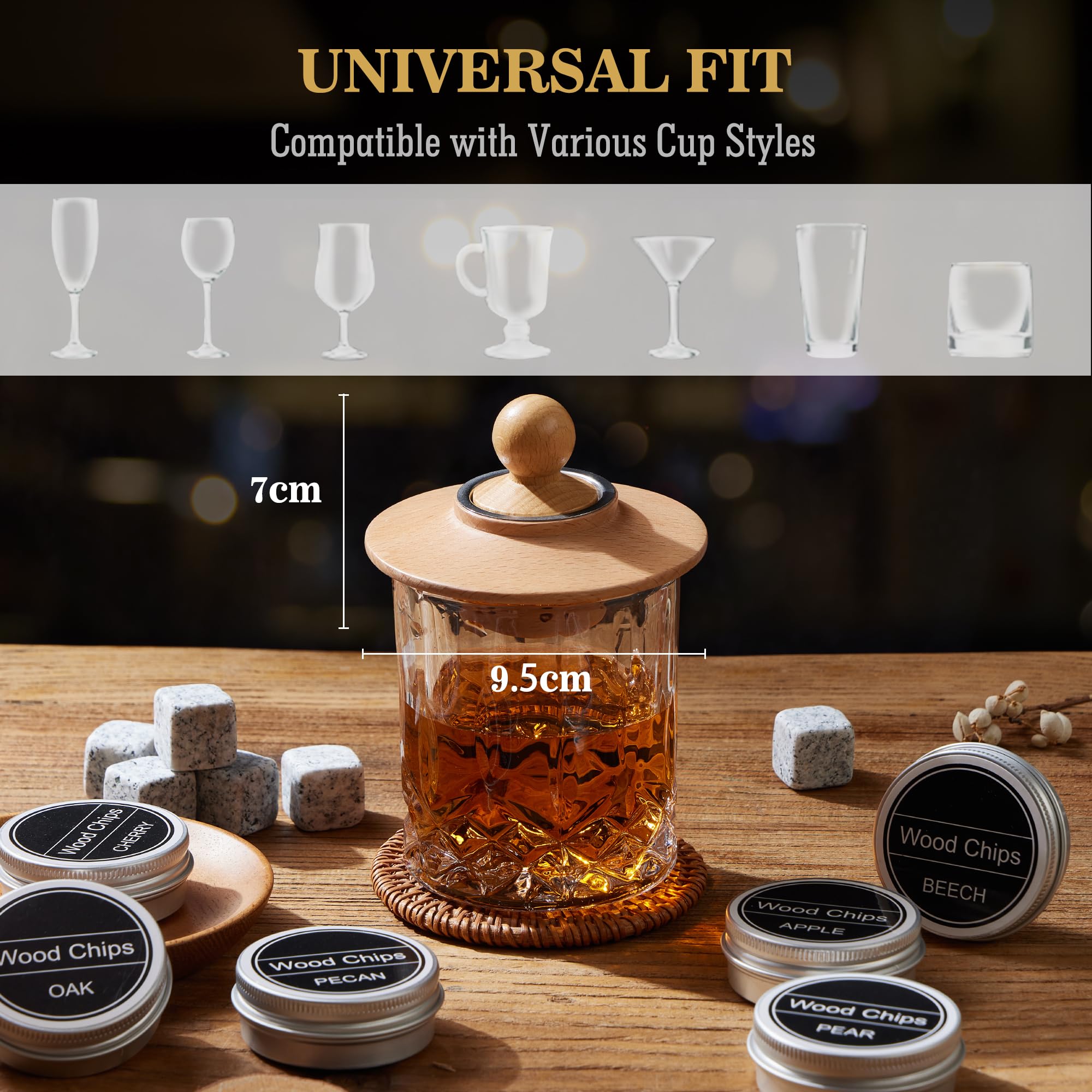Zestaw do koktajli smoker – zestaw do wędzenia whisky 2025 z 6 drewnianymi chipsami, łatwy do czyszczenia i wydajny, Old Fashioned do whisky, bourbona i koktajli, prezent dla mężczyzn (bez